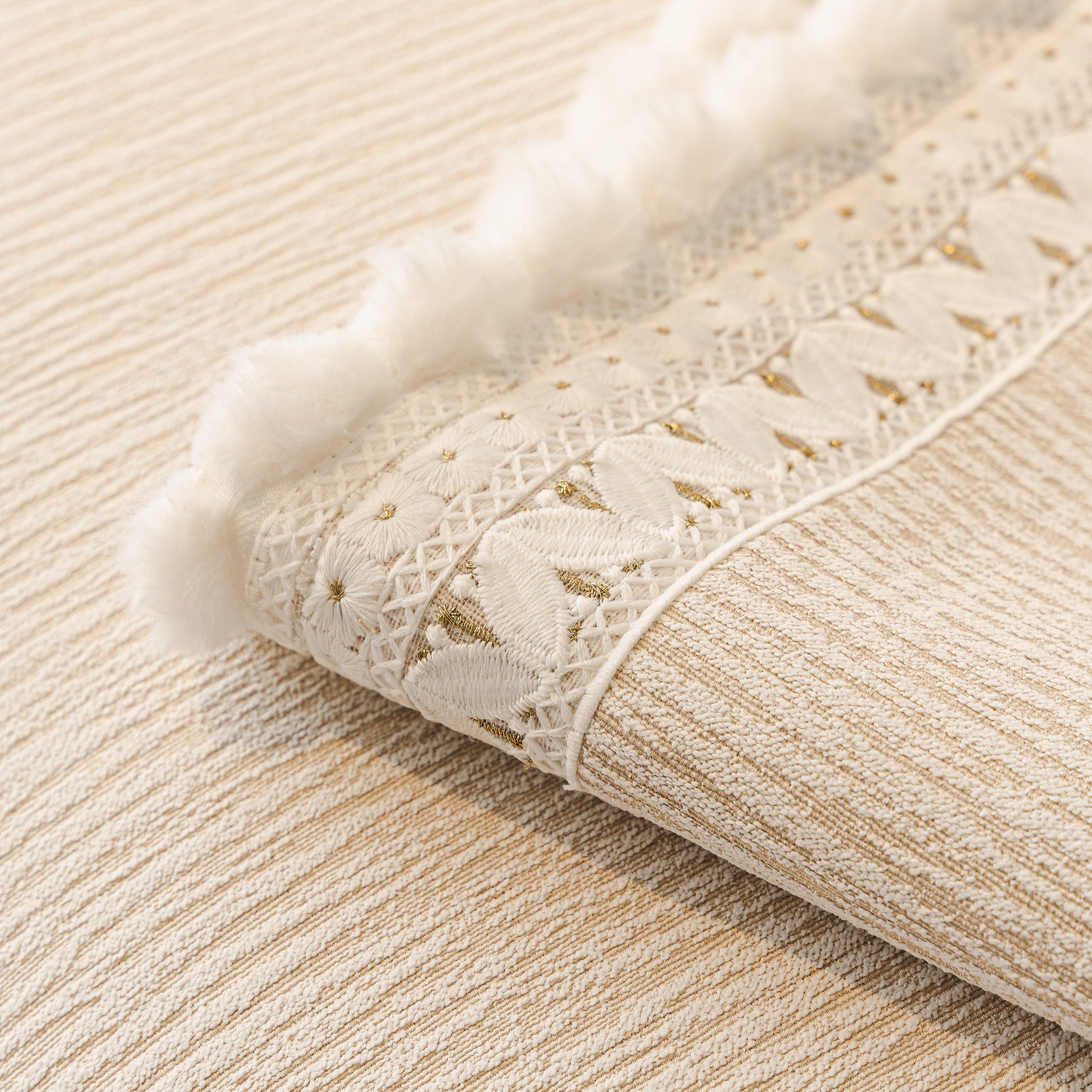 Soft Chenille Sectional Sofa Cover with Pom Pom Trim – Non-Slip Couch Protector fabric details with lace and pom pom fringe