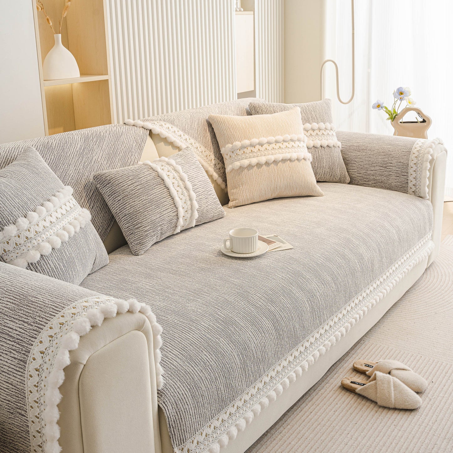 Soft Chenille Sectional Sofa Cover with Pom Pom Trim – Non-Slip Couch Protector on grey sofa with pom pom fringe and lace trim