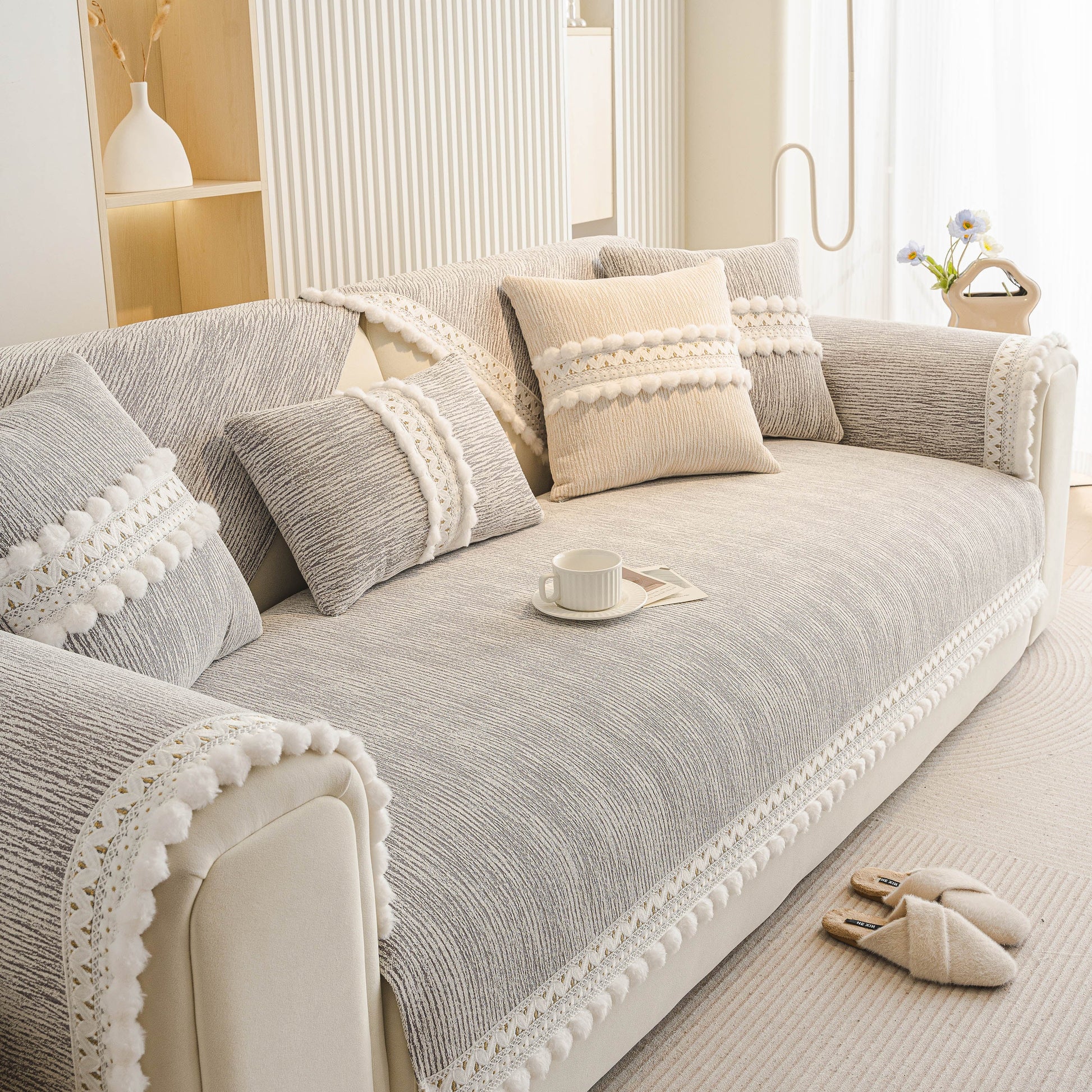 Soft Chenille Sectional Sofa Cover with Pom Pom Trim – Non-Slip Couch Protector on grey sofa with pom pom fringe and lace trim