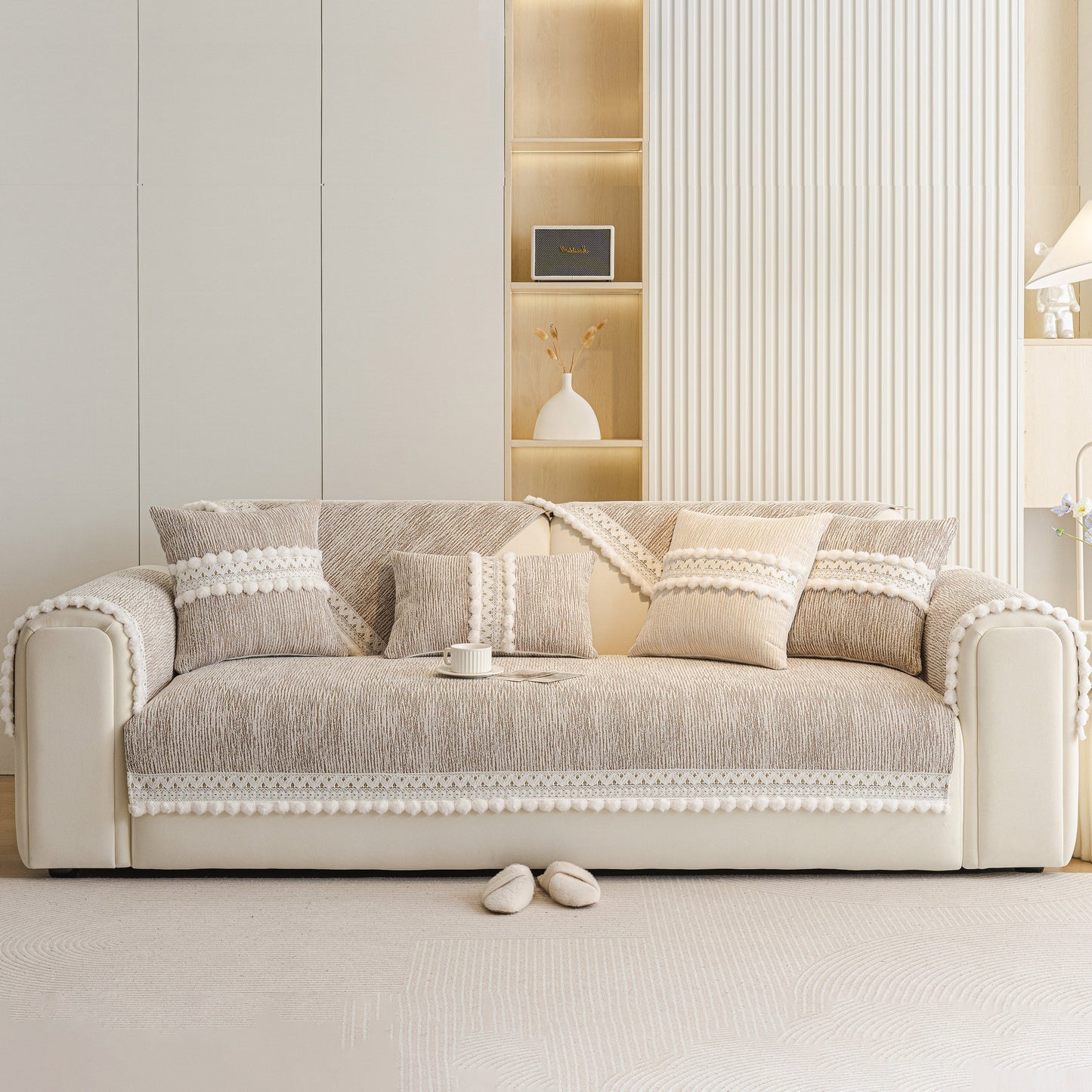 Soft Chenille Sectional Sofa Cover with Pom Pom Trim – Non-Slip Couch Protector in modern living room setting