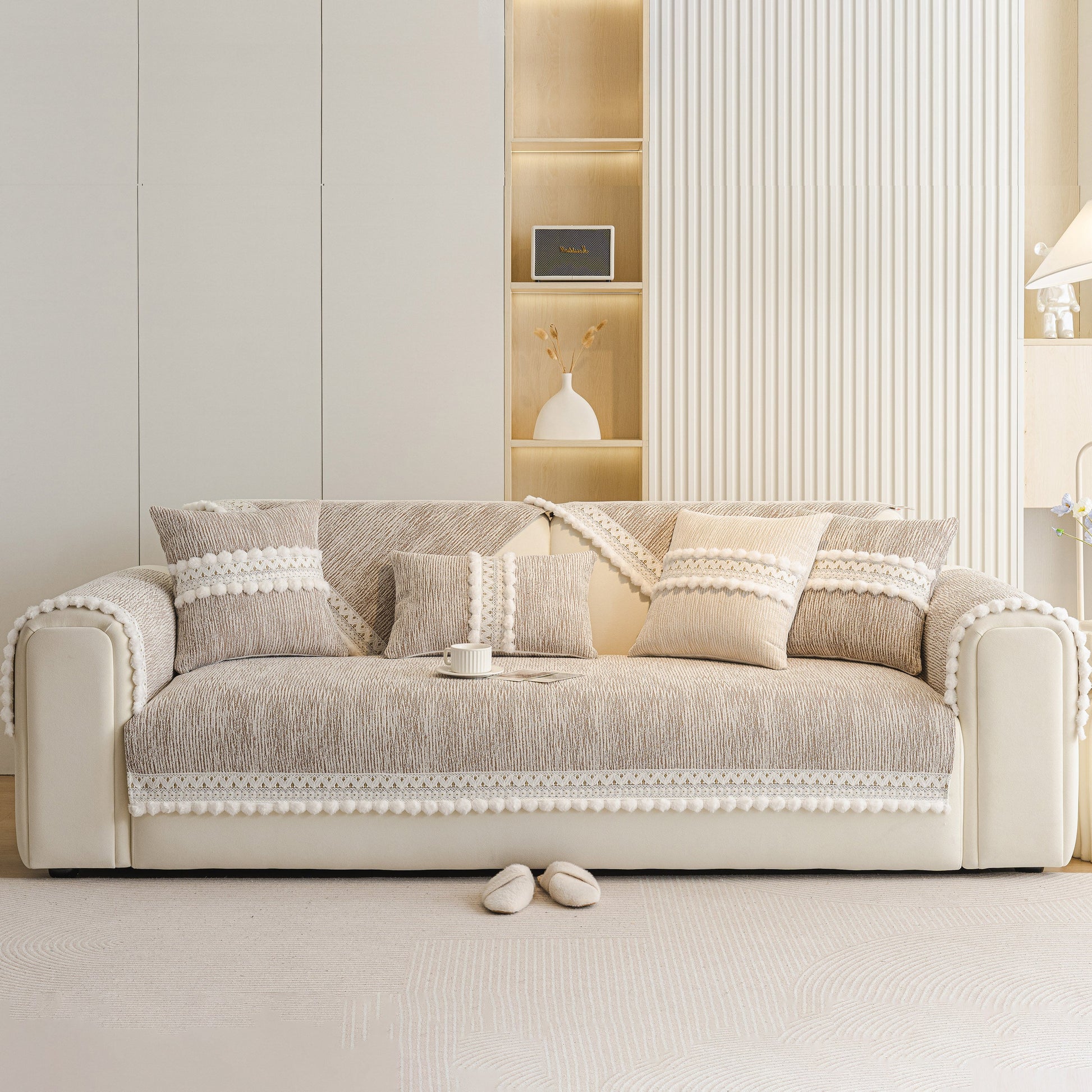 Soft Chenille Sectional Sofa Cover with Pom Pom Trim – Non-Slip Couch Protector in modern living room setting