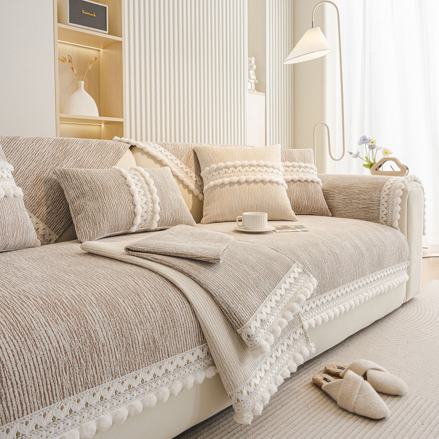 Soft Chenille Sectional Sofa Cover with Pom Pom Trim – Non-Slip Couch Protector in a modern living room setting.