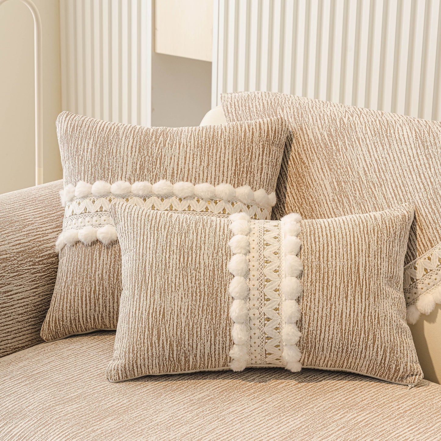 Soft Chenille Sectional Sofa Cover with Pom Pom Trim – Non-Slip Couch Protector featuring decorative cushions with pom poms