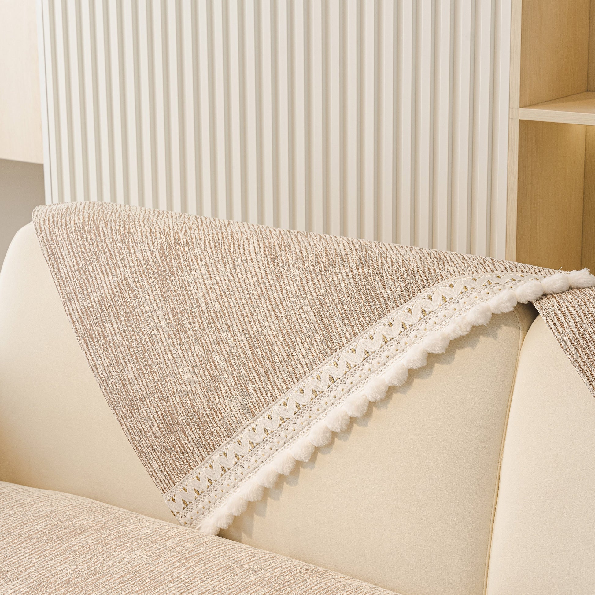 Soft Chenille Sectional Sofa Cover with Pom Pom Trim – Non-Slip Couch Protector in light fabric with decorative trim