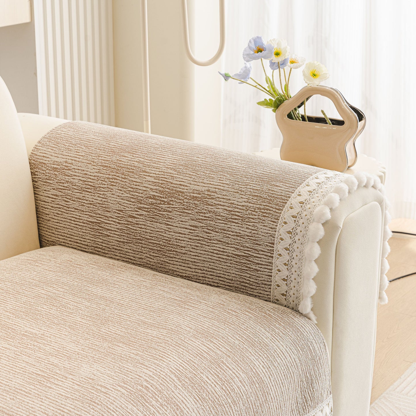 Soft Chenille Sectional Sofa Cover with Pom Pom Trim – Non-Slip Couch Protector featuring lace trim and decorative fringe.
