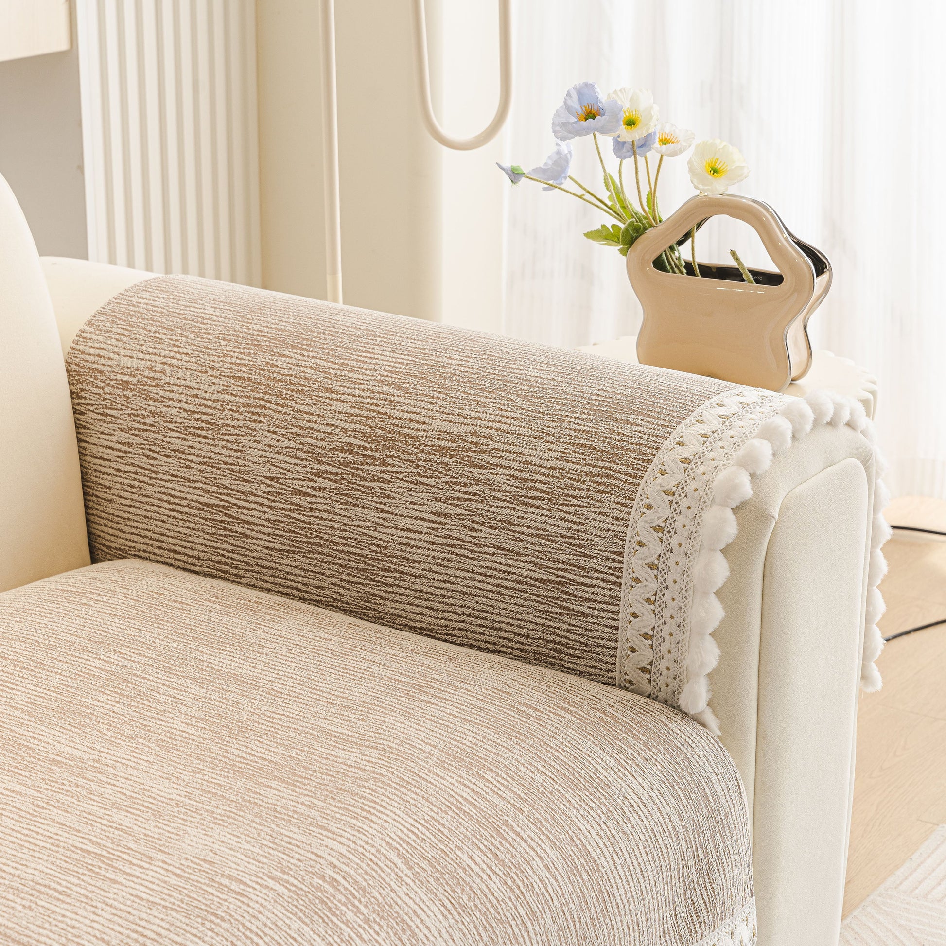 Soft Chenille Sectional Sofa Cover with Pom Pom Trim – Non-Slip Couch Protector featuring lace trim and decorative fringe.