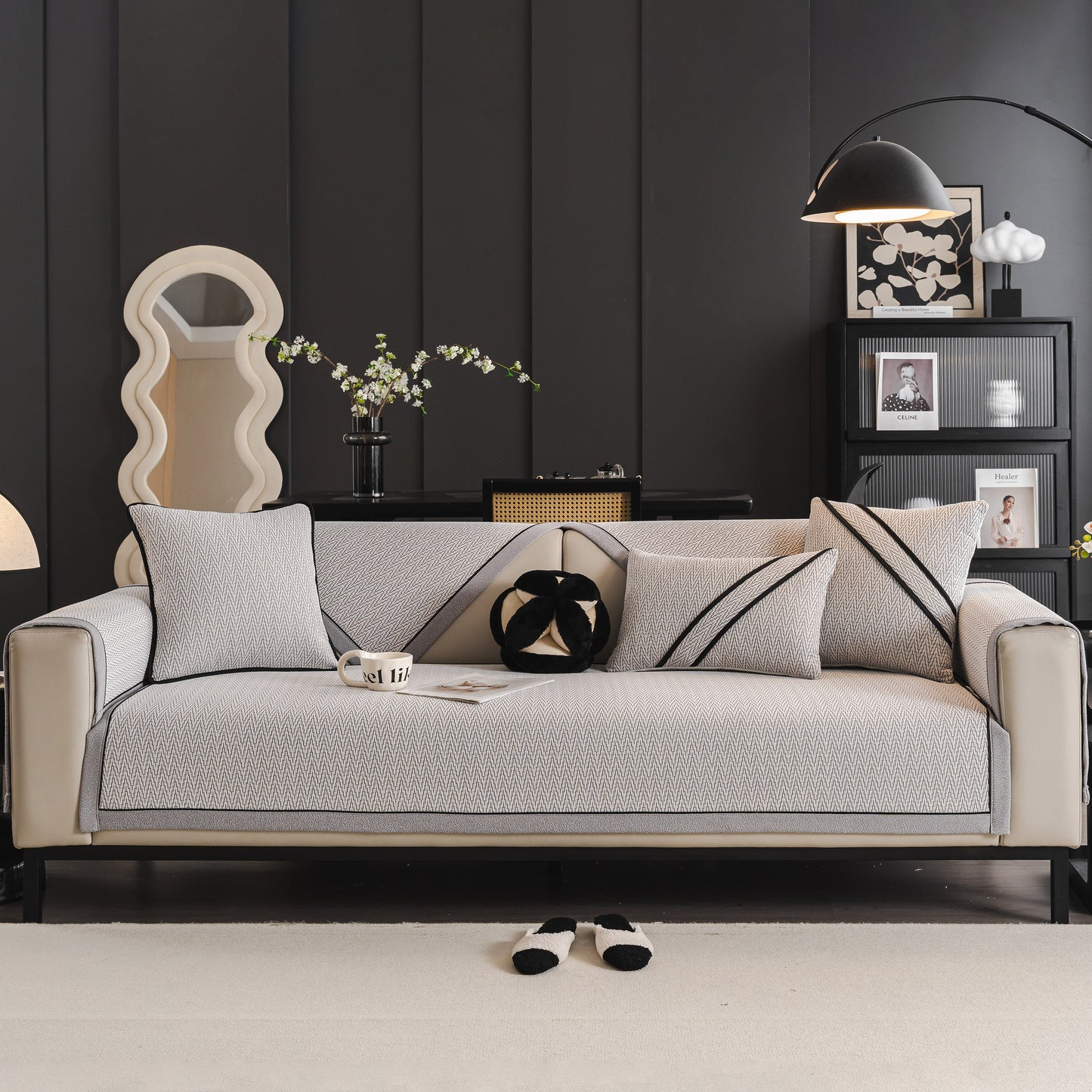 Herringbone Couch Protector for Pets, Non-Slip Washable Sectional Couch Covers on stylish sofa in modern living room.