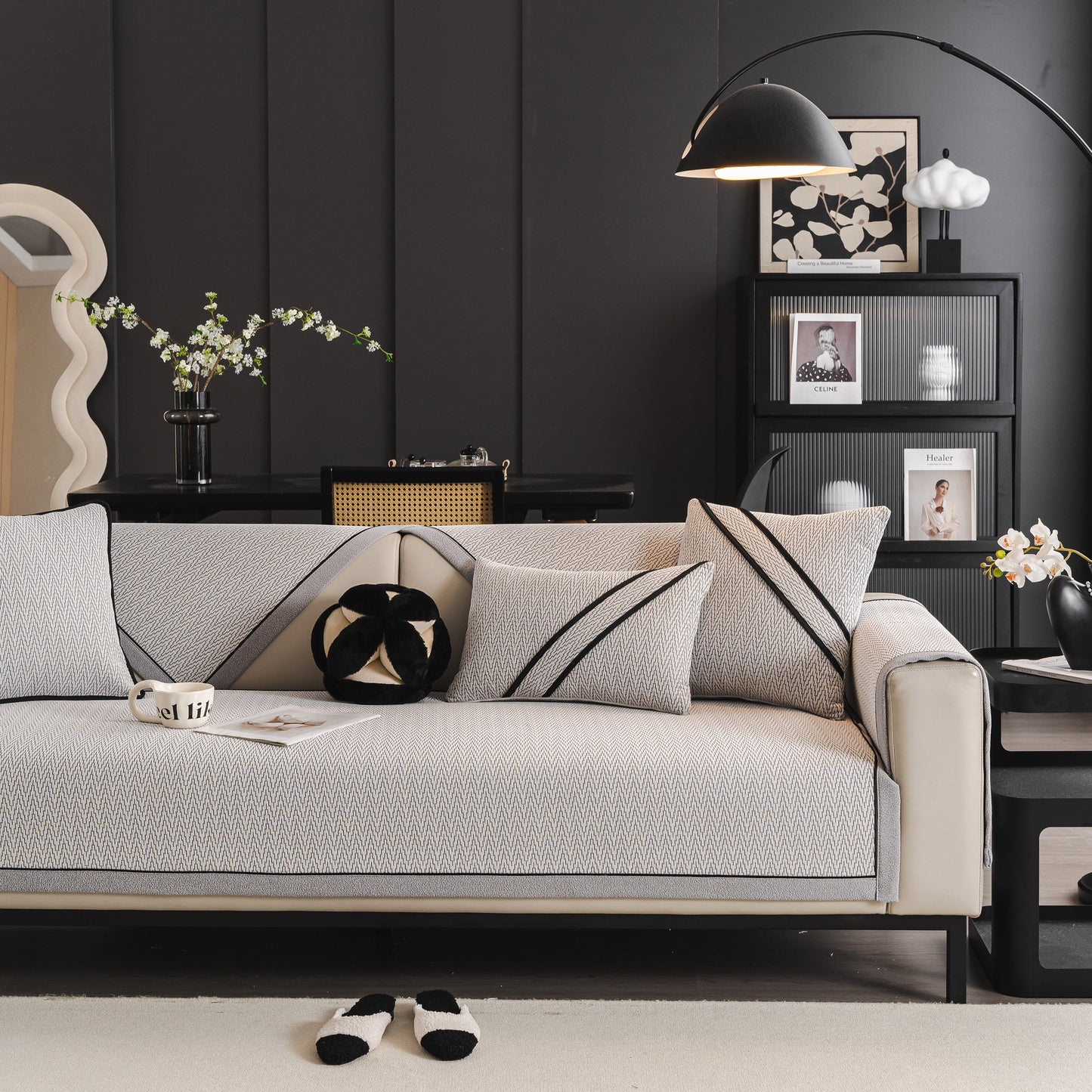 Herringbone Couch Protector for Pets, Non-Slip Washable Sectional Couch Covers on modern sofa with black and white decor.