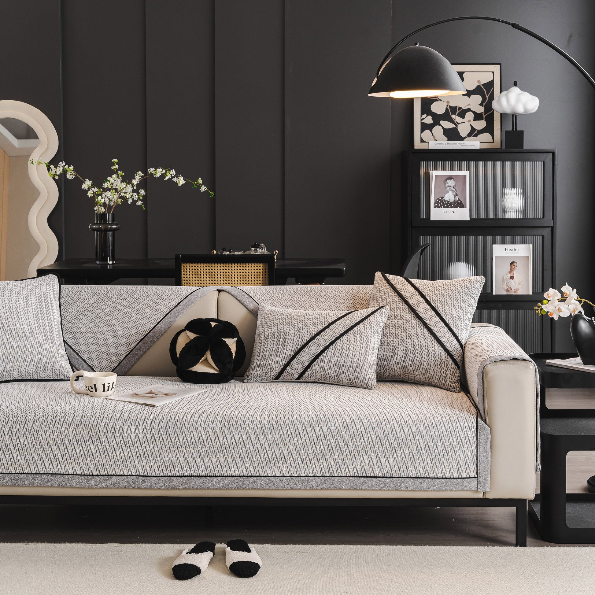 Herringbone Couch Protector for Pets, Non-Slip Washable Sectional Couch Covers on modern sofa with black and white decor.