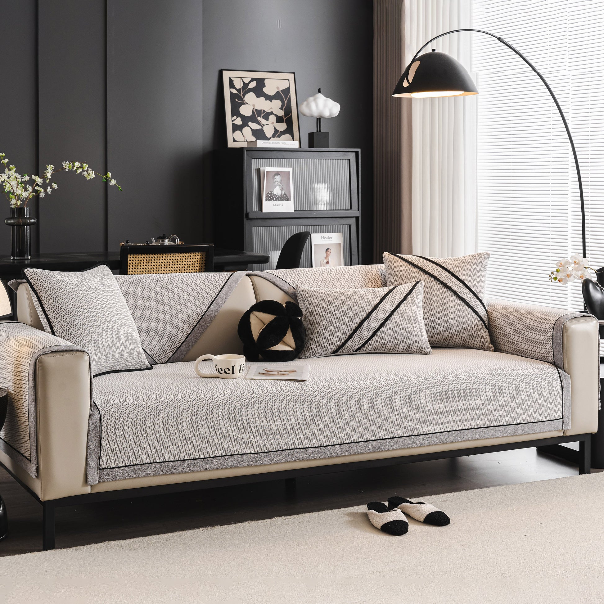 Herringbone Couch Protector for Pets, Non-Slip Washable Sectional Couch Covers on a modern sofa in a stylish living room.