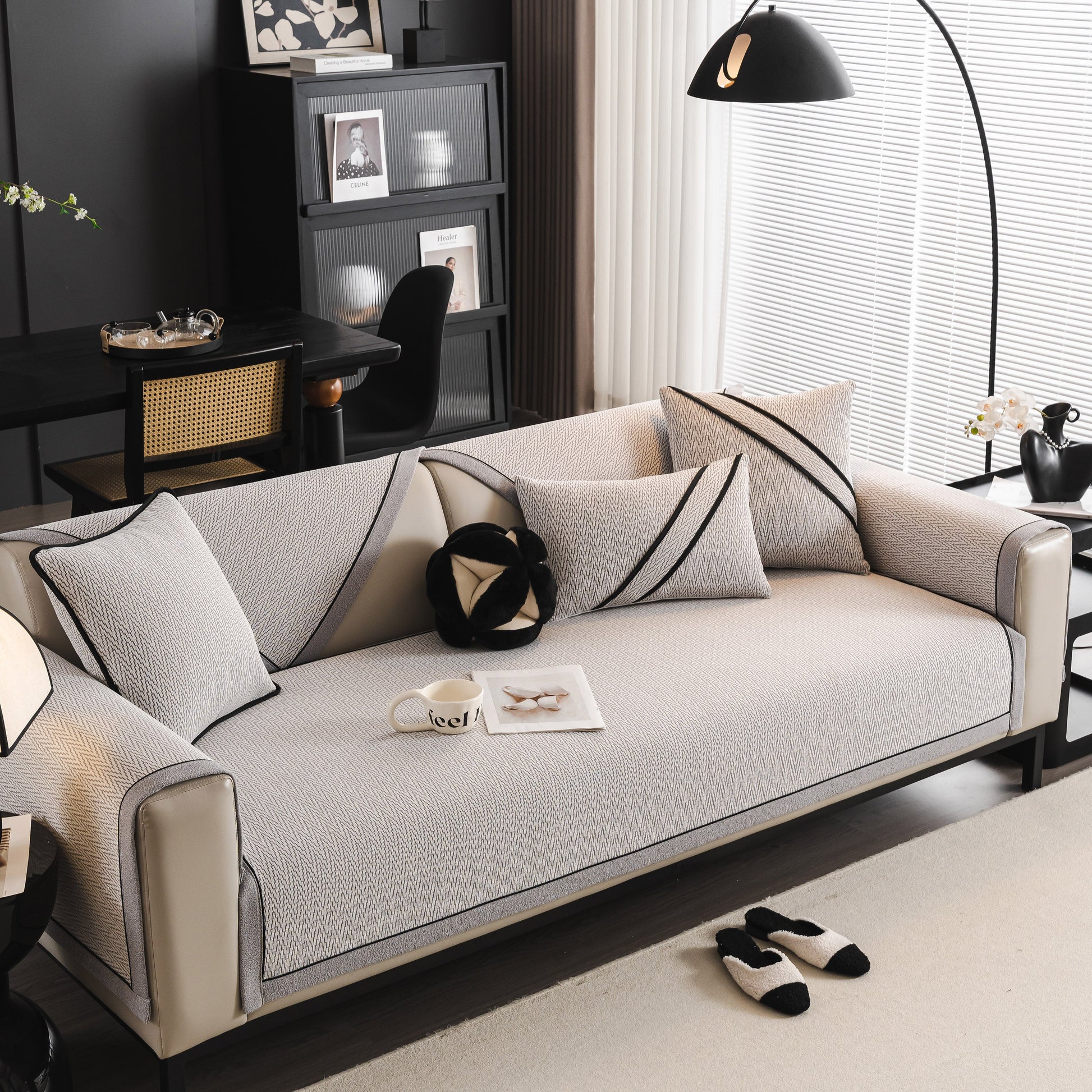 Herringbone Couch Protector for Pets, Non-Slip Washable Sectional Couch Covers on modern sofa in living room.