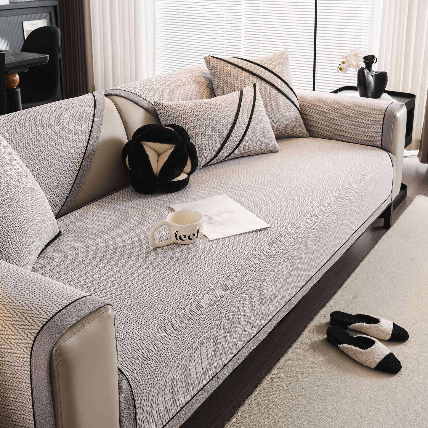 Herringbone Couch Protector for Pets, Non-Slip Washable Sectional Couch Covers on a modern sofa