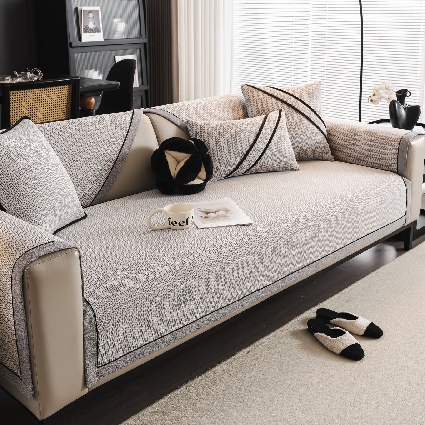 Herringbone Couch Protector for Pets, Non-Slip Washable Sectional Couch Covers on a modern sofa with decorative pillows.