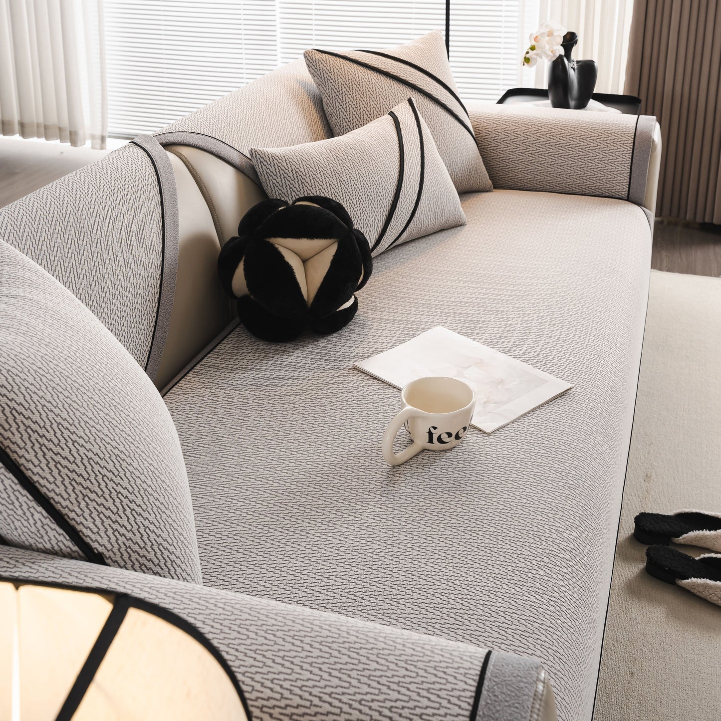 Herringbone Couch Protector for Pets, Non-Slip Washable Sectional Couch Covers in soft chenille fabric on modern sofa