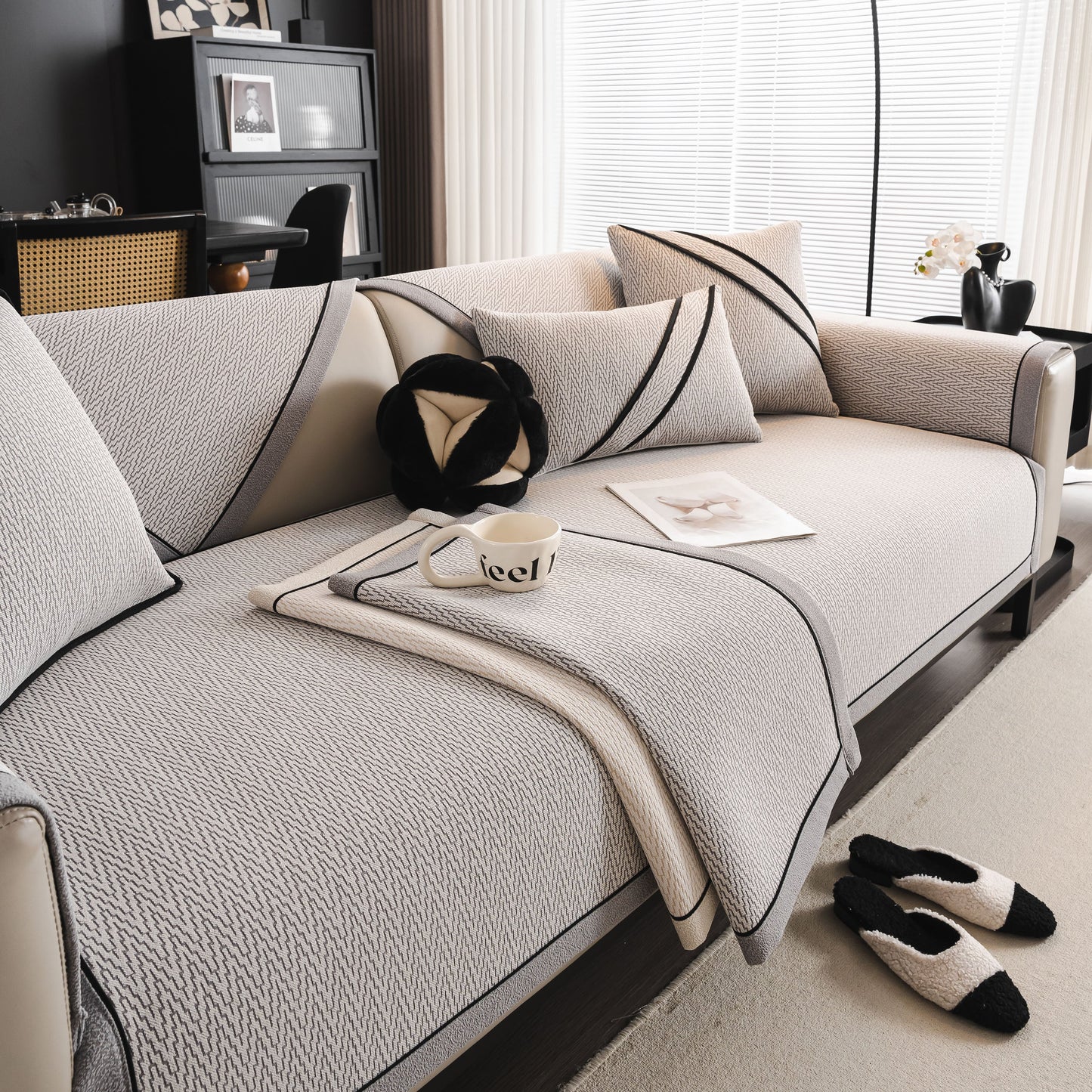Herringbone Couch Protector for Pets, Non-Slip Washable Sectional Couch Covers on a stylish living room sofa