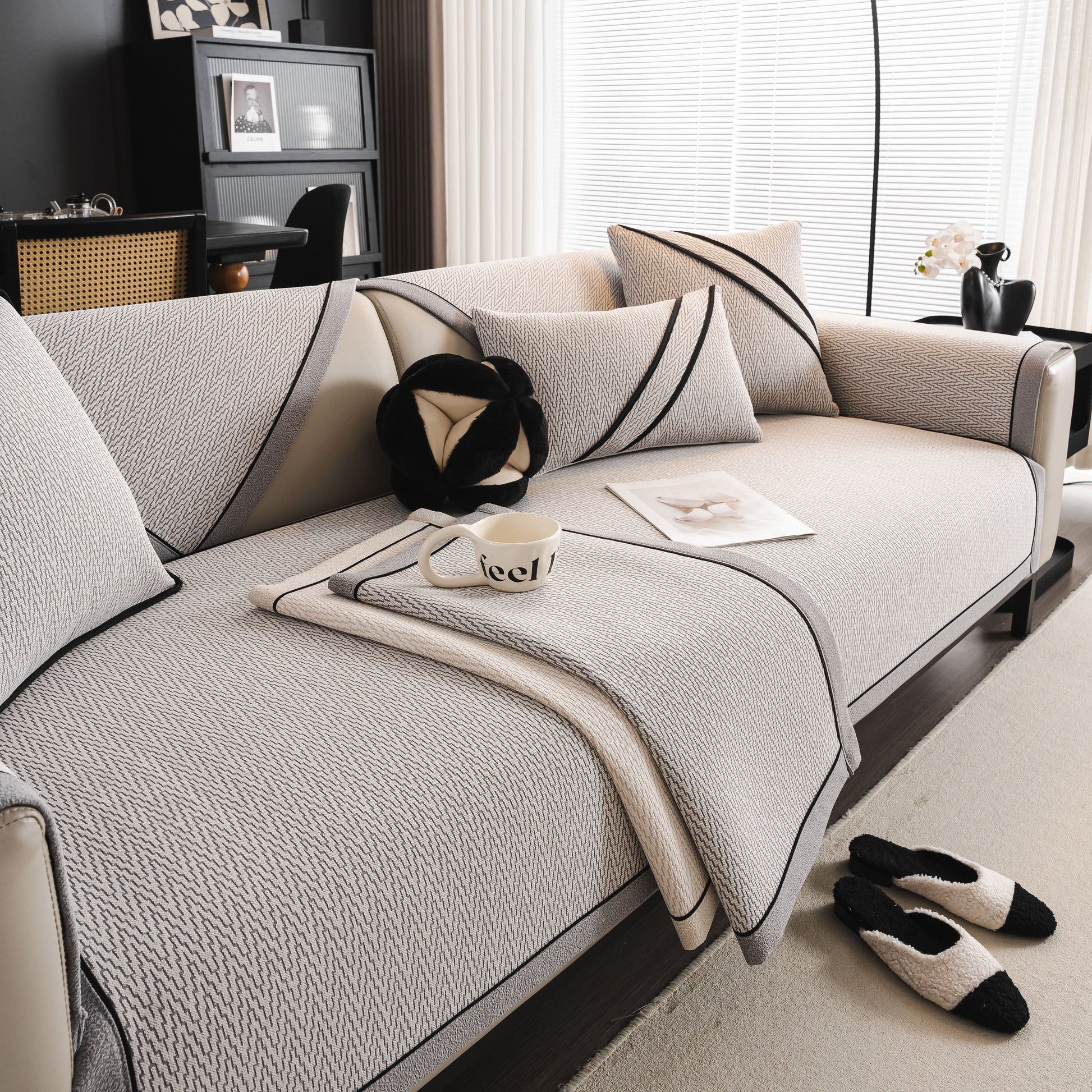 Herringbone Couch Protector for Pets, Non-Slip Washable Sectional Couch Covers on a stylish living room sofa