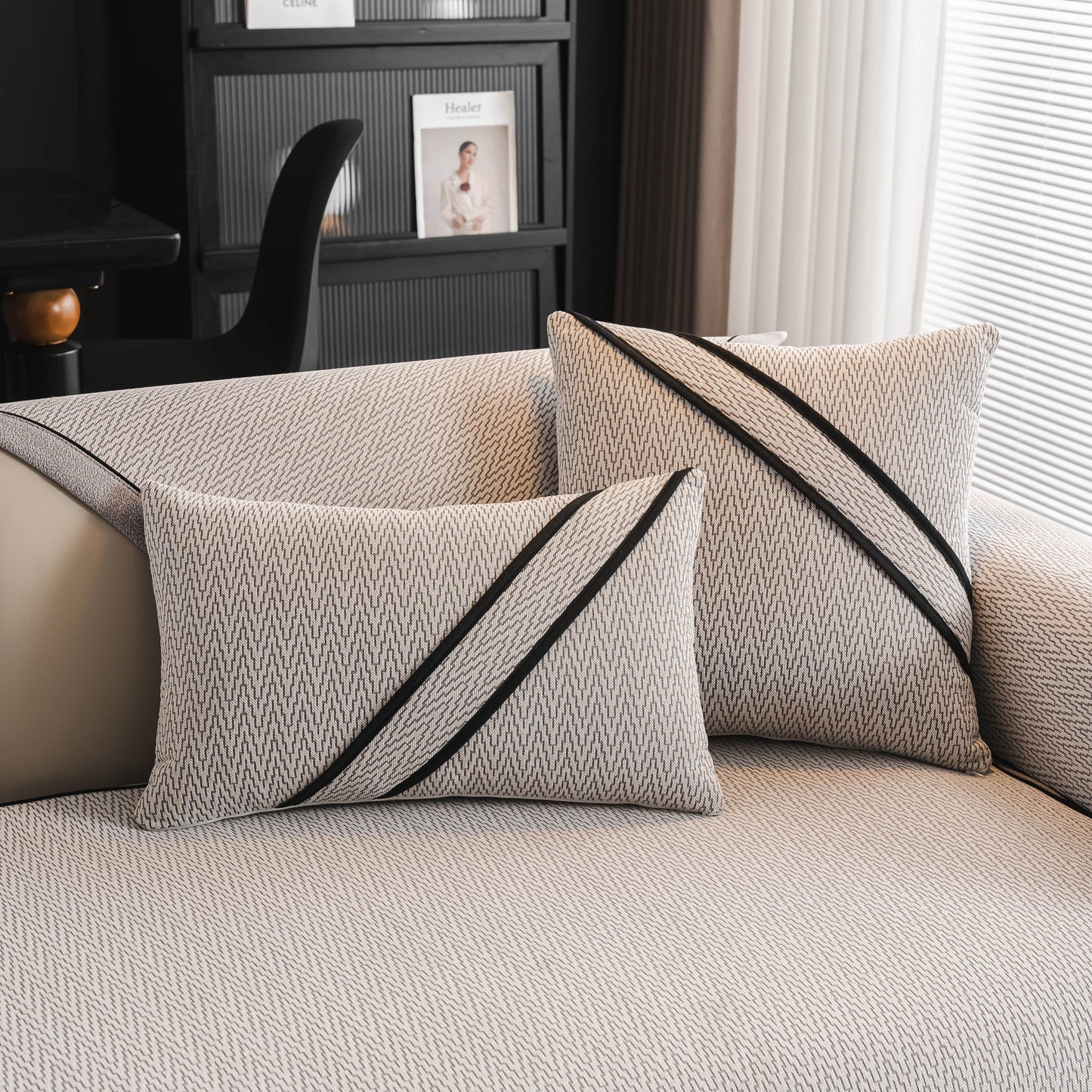 Herringbone Couch Protector for Pets, Non-Slip Washable Sectional Couch Covers in cozy living room setting.