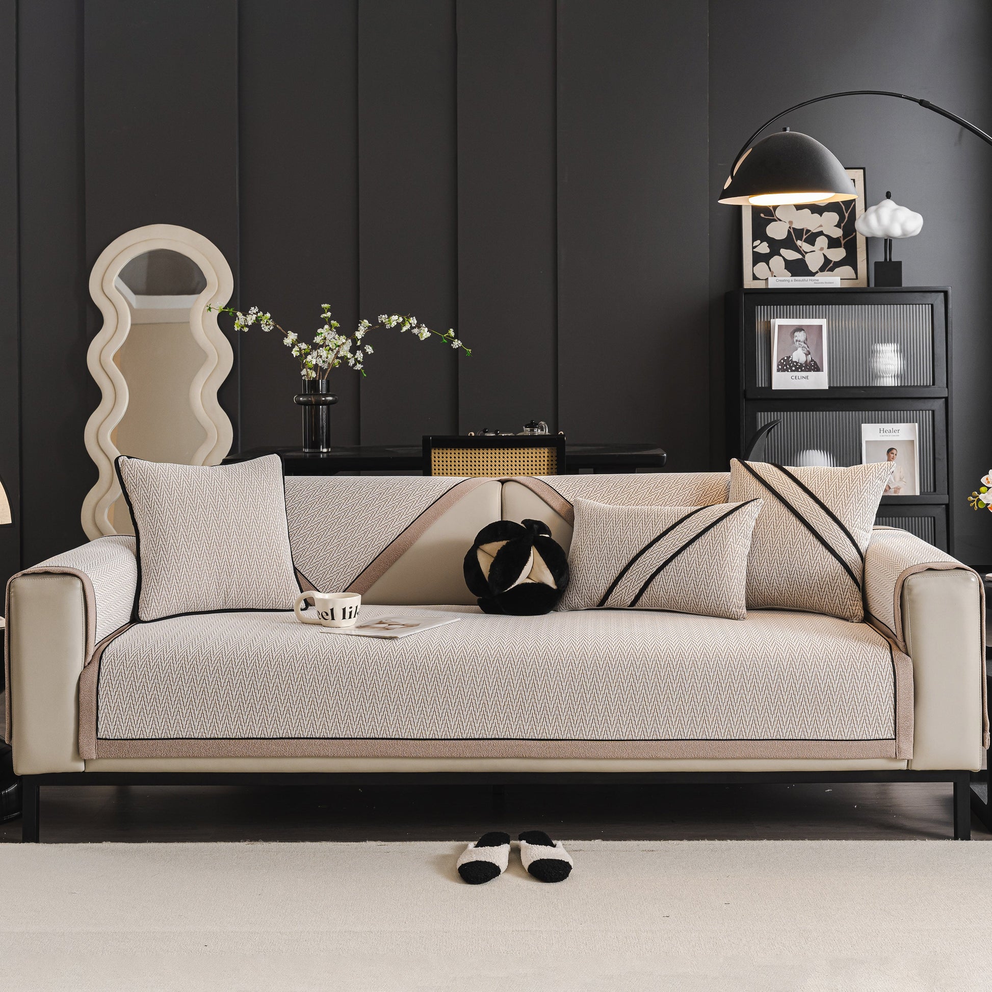 Modern living room with stylish beige couch featuring Herringbone Couch Protector for Pets, Non-Slip Washable Sectional Couch Covers.