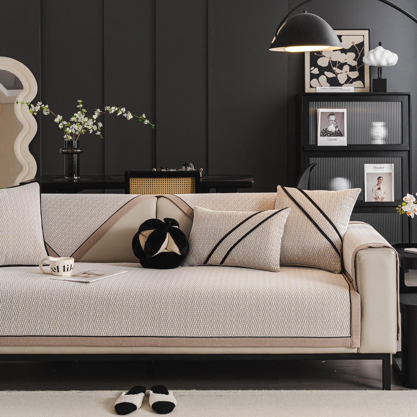 Herringbone Couch Protector for Pets, Non-Slip Washable Sectional Couch Covers displayed on a modern sofa