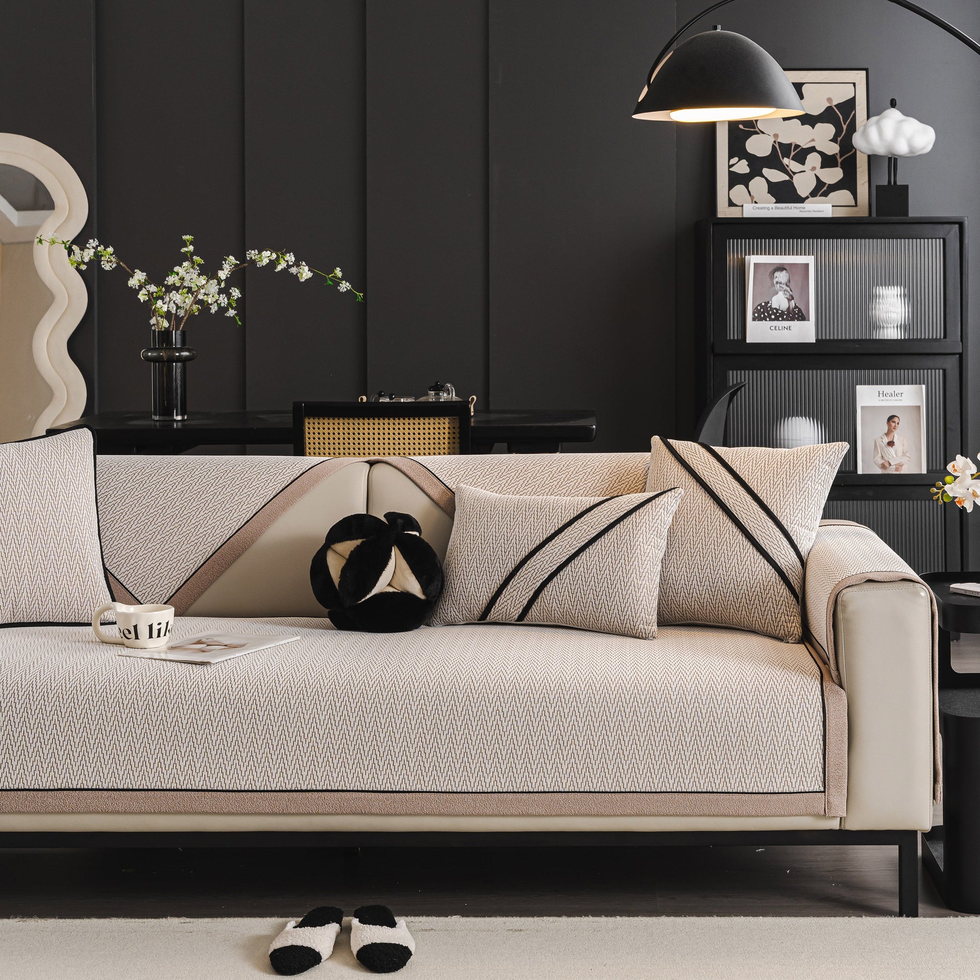 Herringbone Couch Protector for Pets, Non-Slip Washable Sectional Couch Covers displayed on a modern sofa