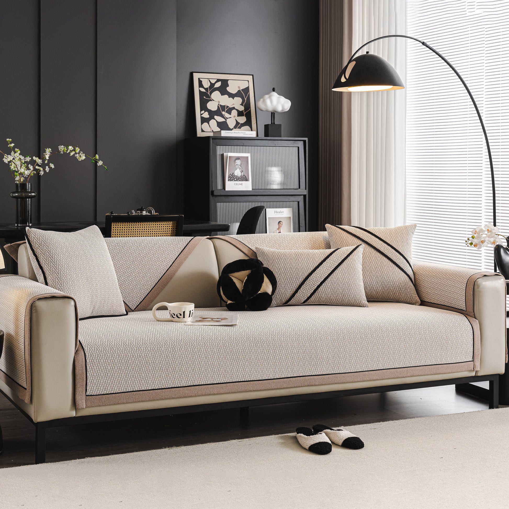 Herringbone Couch Protector for Pets, Non-Slip Washable Sectional Couch Covers on modern sofa with decor in stylish living room