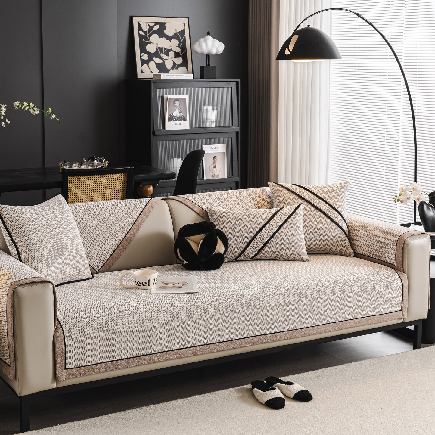Herringbone Couch Protector for Pets, Non-Slip Washable Sectional Couch Covers on modern sofa setup.