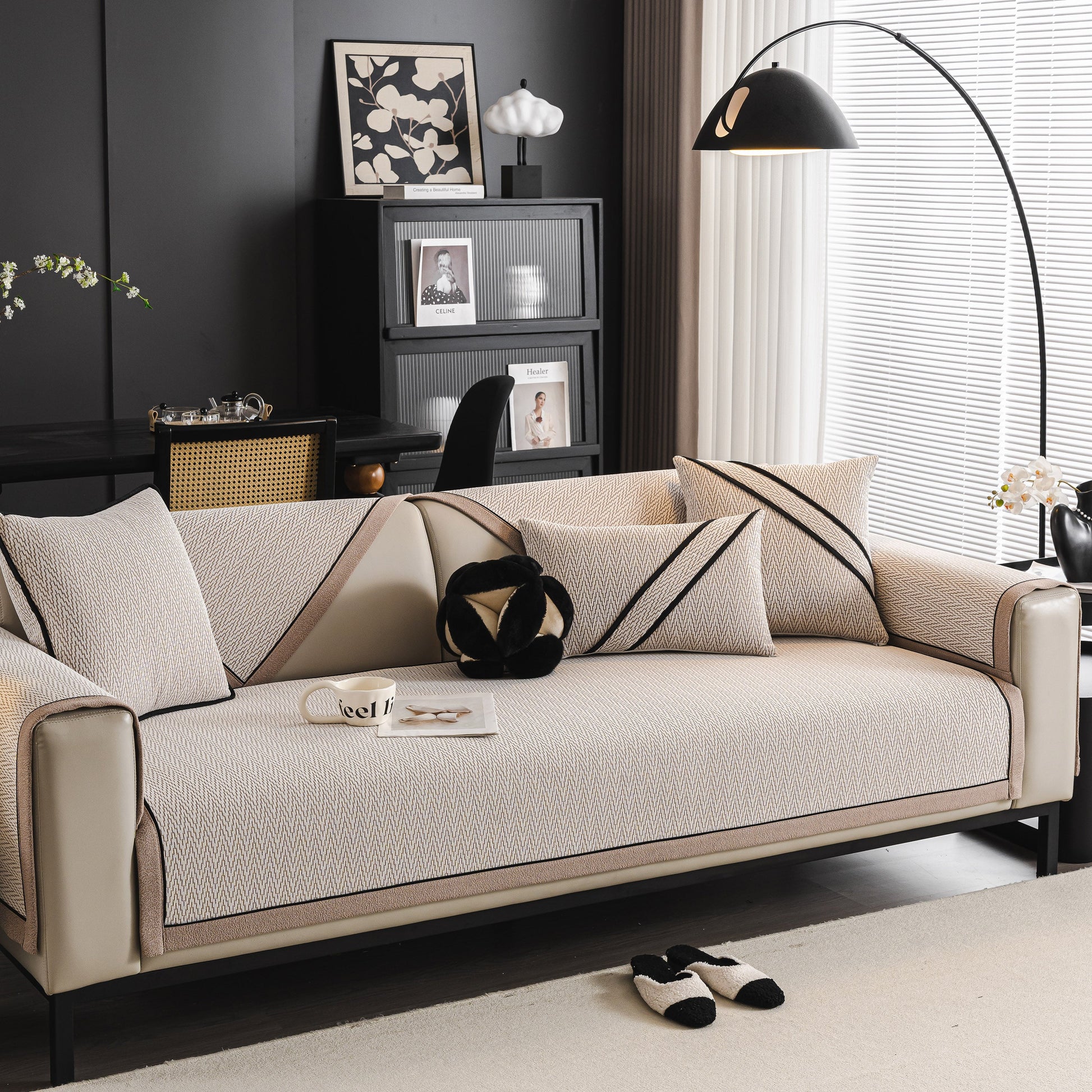 Herringbone Couch Protector for Pets, Non-Slip Washable Sectional Couch Covers on modern sofa setup.