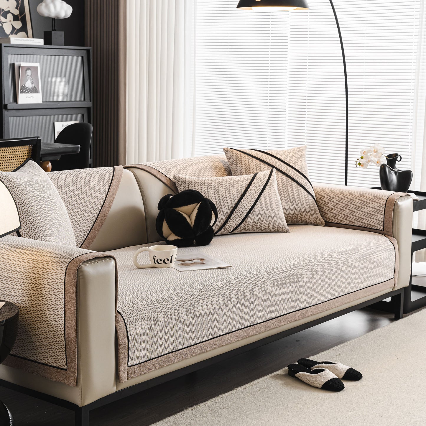 Herringbone Couch Protector for Pets, Non-Slip Washable Sectional Couch Covers on a modern sofa with decorative pillows.