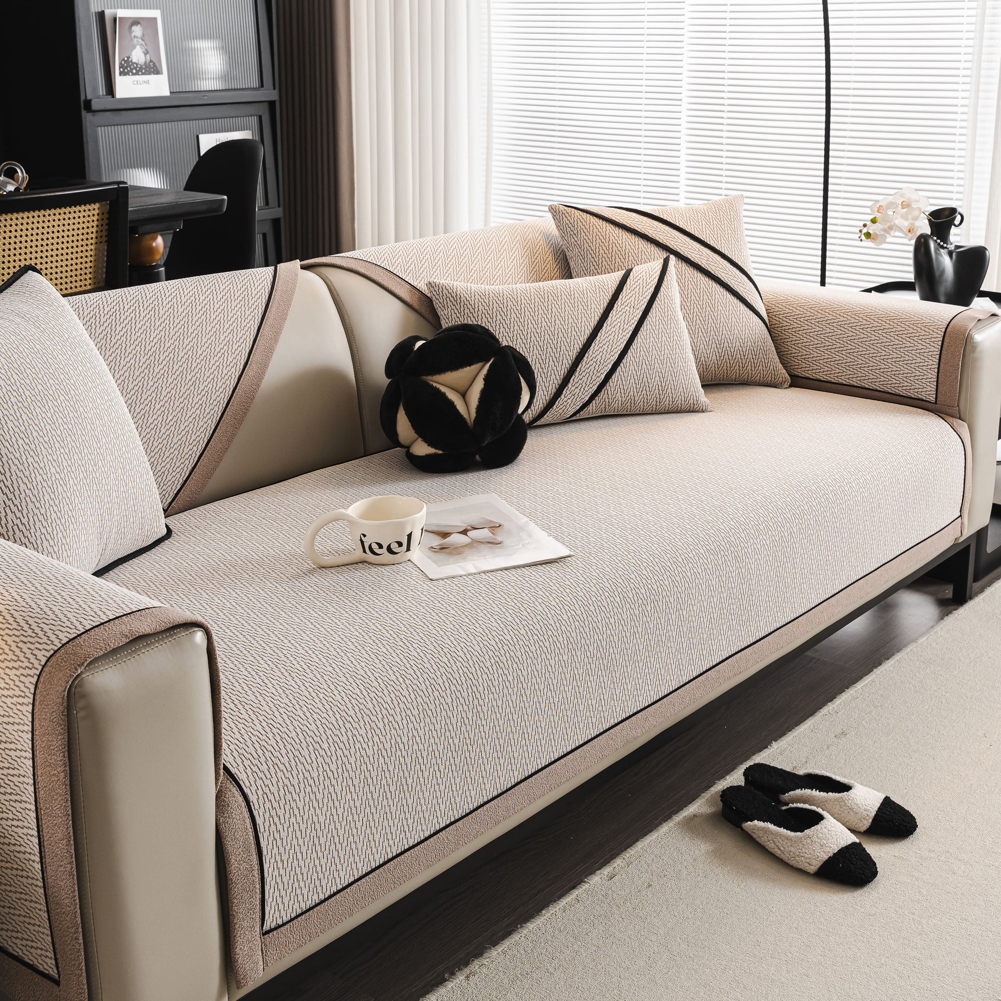 Herringbone Couch Protector for Pets, Non-Slip Washable Sectional Couch Covers on elegant beige sofa with matching pillows