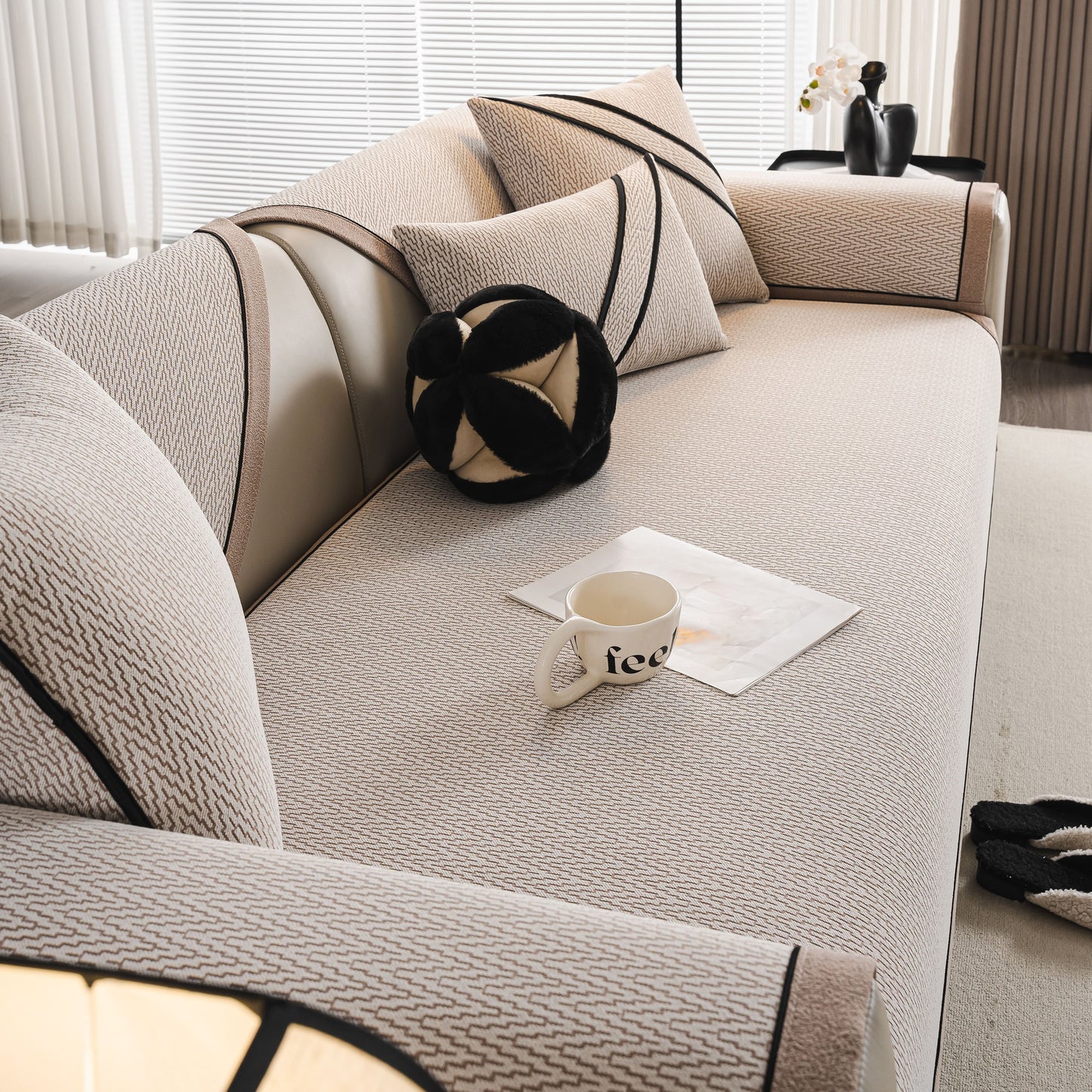 Herringbone Couch Protector for Pets, Non-Slip Washable Sectional Couch Covers on a modern sofa