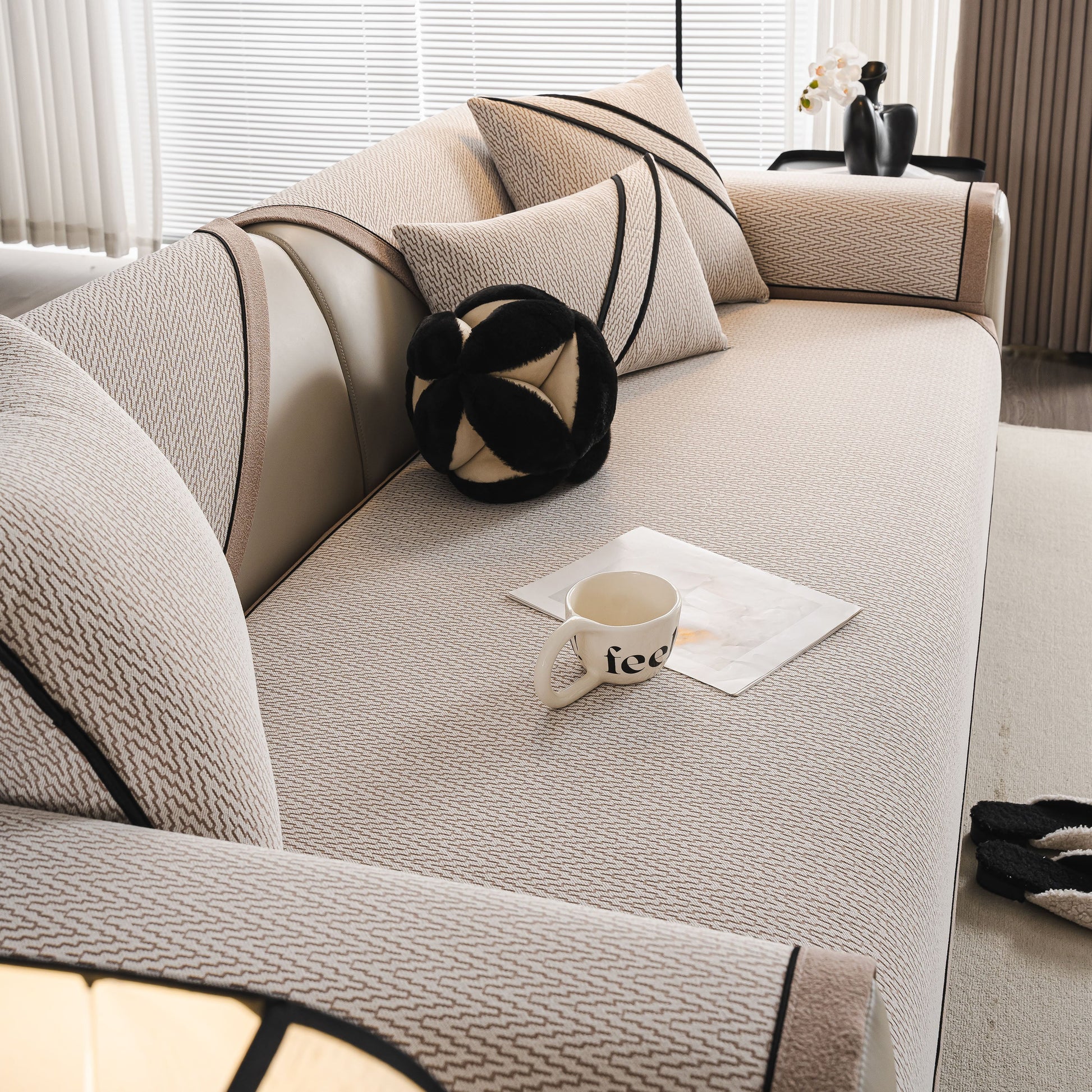 Herringbone Couch Protector for Pets, Non-Slip Washable Sectional Couch Covers on a modern sofa