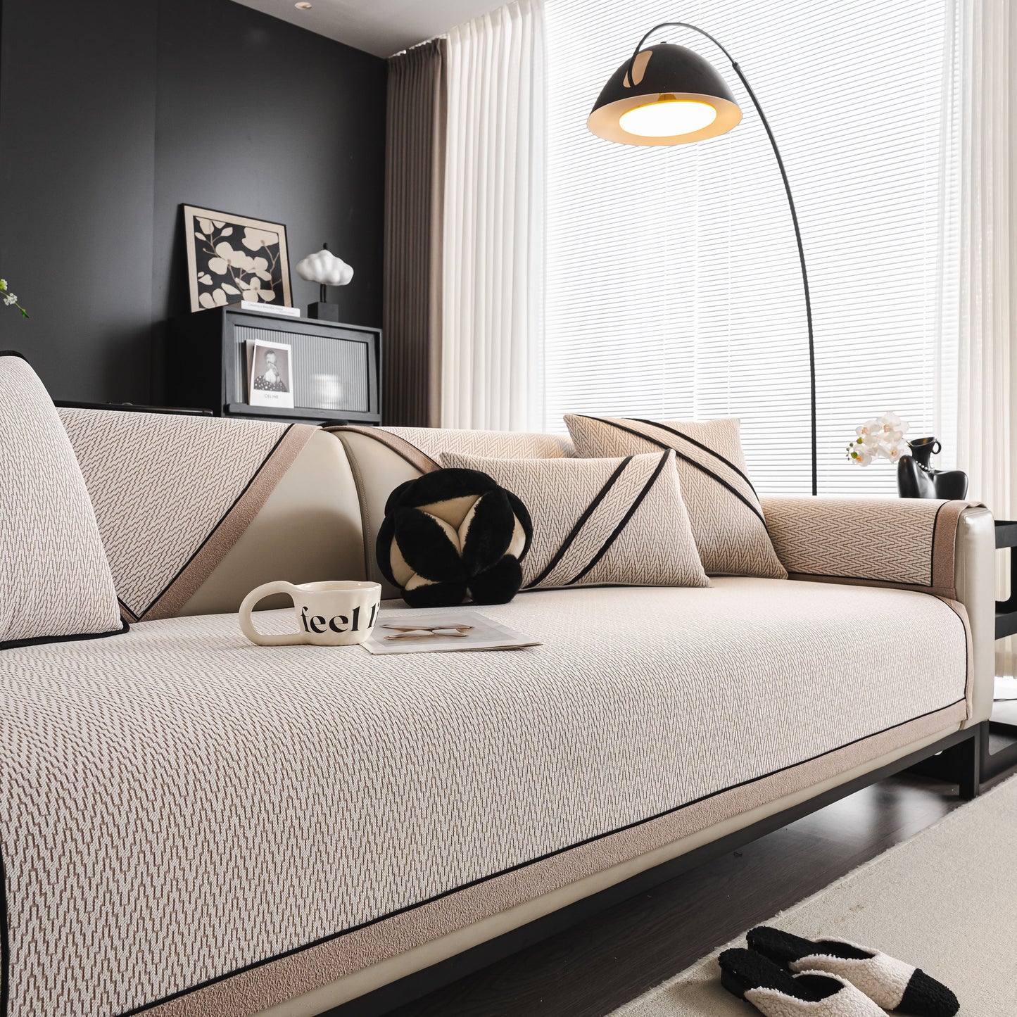 Herringbone Couch Protector for Pets, Non-Slip Washable Sectional Couch Covers displayed on modern sofa.