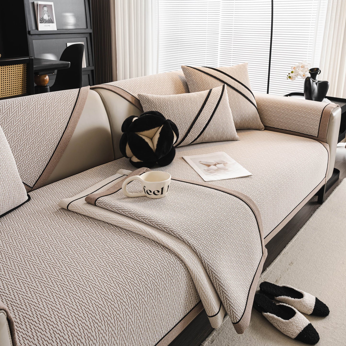 Herringbone Couch Protector for Pets, Non-Slip Washable Sectional Couch Covers on a styled sofa with pillows and decor.