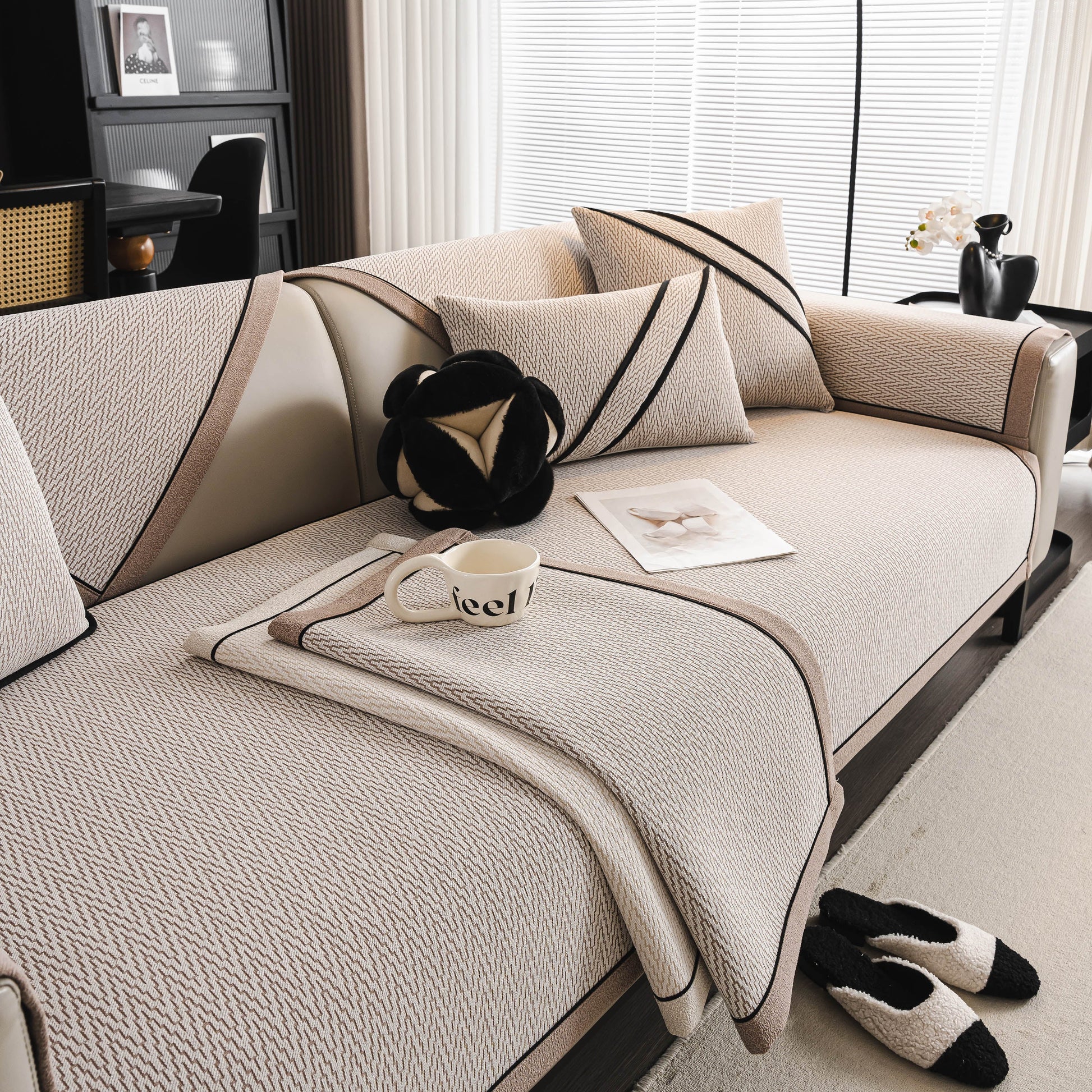 Herringbone Couch Protector for Pets, Non-Slip Washable Sectional Couch Covers on a styled sofa with pillows and decor.