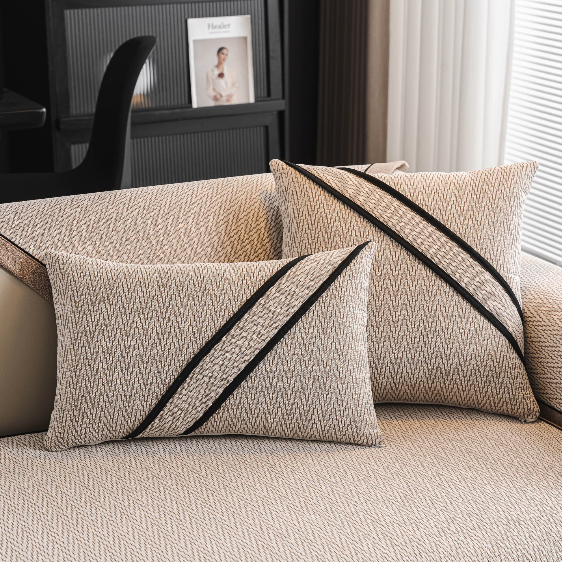 Herringbone Couch Protector for Pets, Non-Slip Washable Sectional Couch Covers with pillows and tailored finish in chenille fabric
