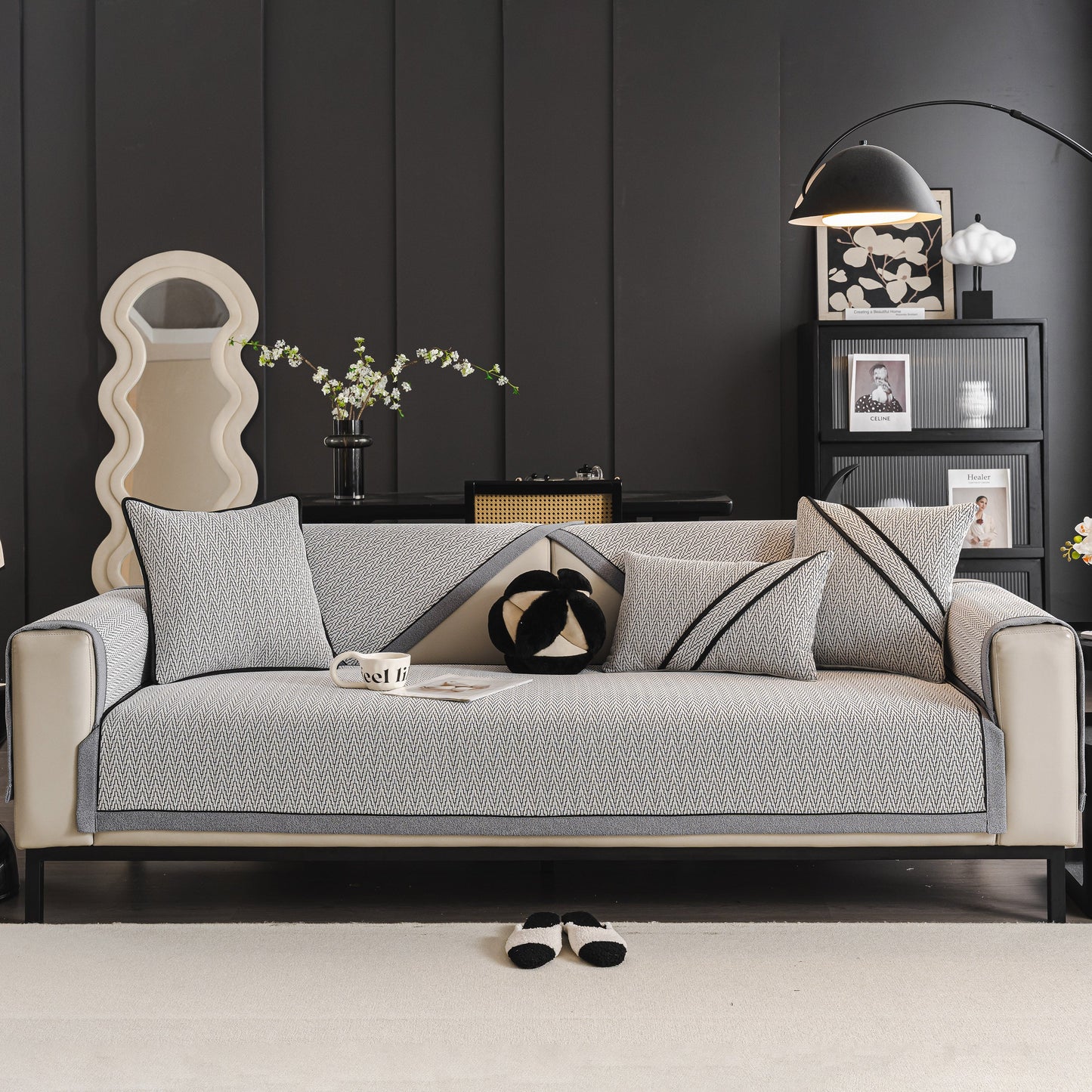 Modern living room with Herringbone Couch Protector for Pets, Non-Slip Washable Sectional Couch Covers on a stylish sofa.