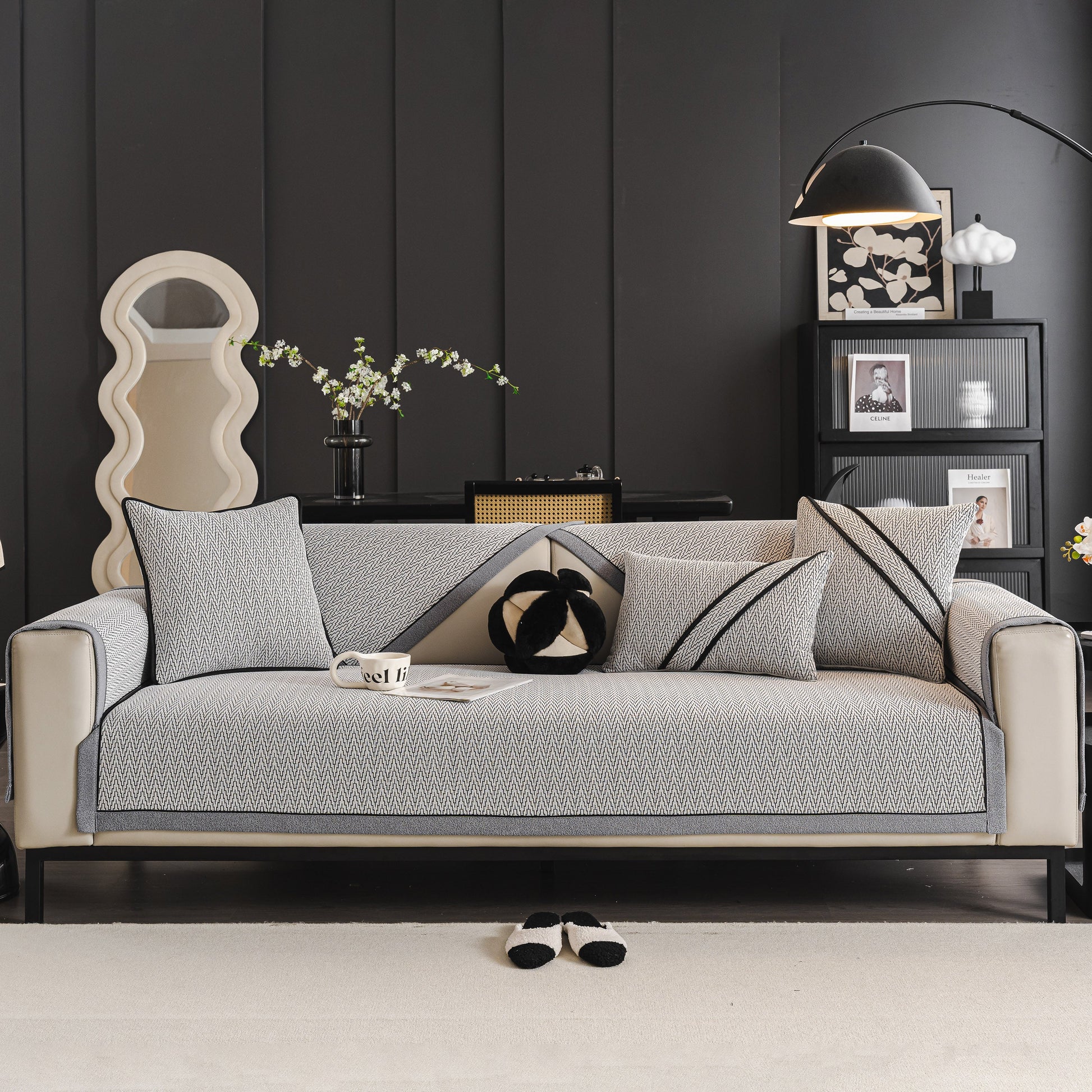 Modern living room with Herringbone Couch Protector for Pets, Non-Slip Washable Sectional Couch Covers on a stylish sofa.
