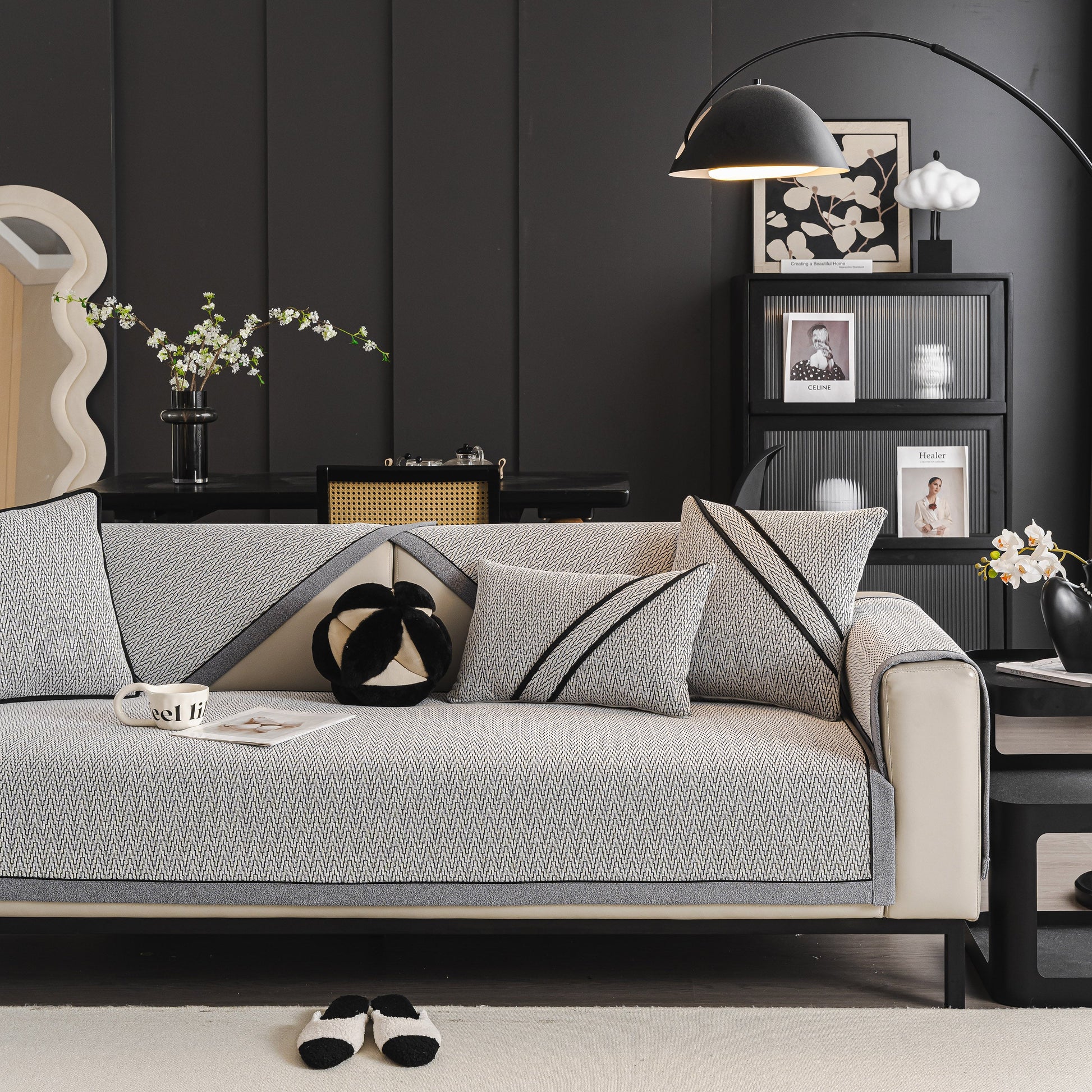 Modern living room with Herringbone Couch Protector for Pets, Non-Slip Washable Sectional Couch Covers in a chic, cozy design.