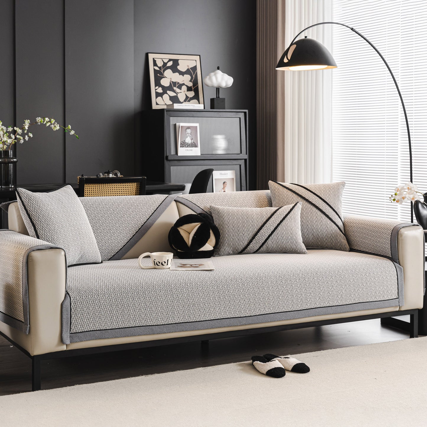 Herringbone Couch Protector for Pets, Non-Slip Washable Sectional Couch Covers on a sofa in a modern living room setting.