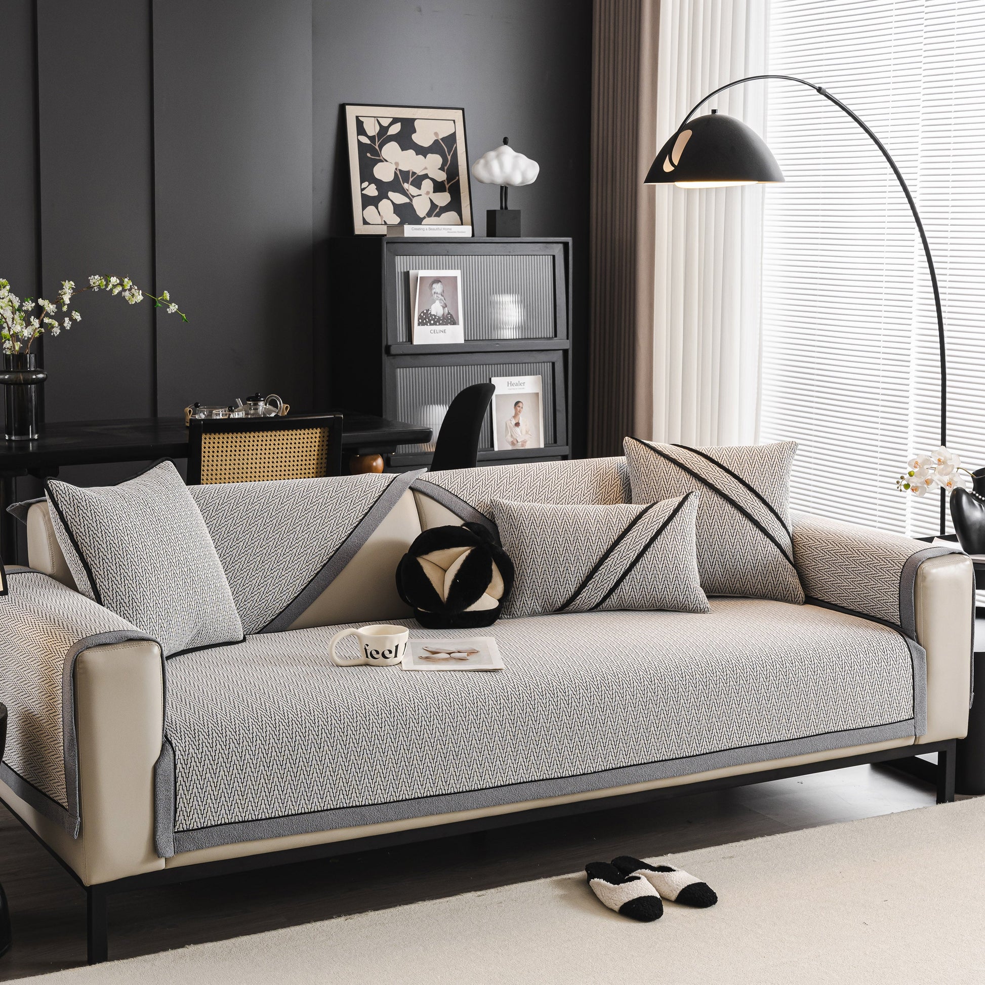Herringbone Couch Protector for Pets, Non-Slip Washable Sectional Couch Covers on a modern sofa with pillows and decor.