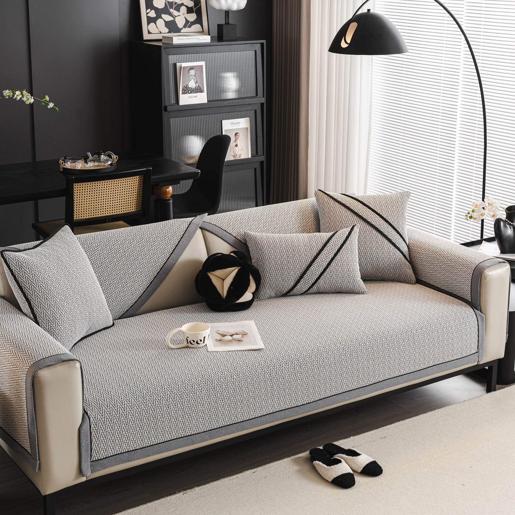 Herringbone Couch Protector for Pets, Non-Slip Washable Sectional Couch Covers on a modern living room sofa.