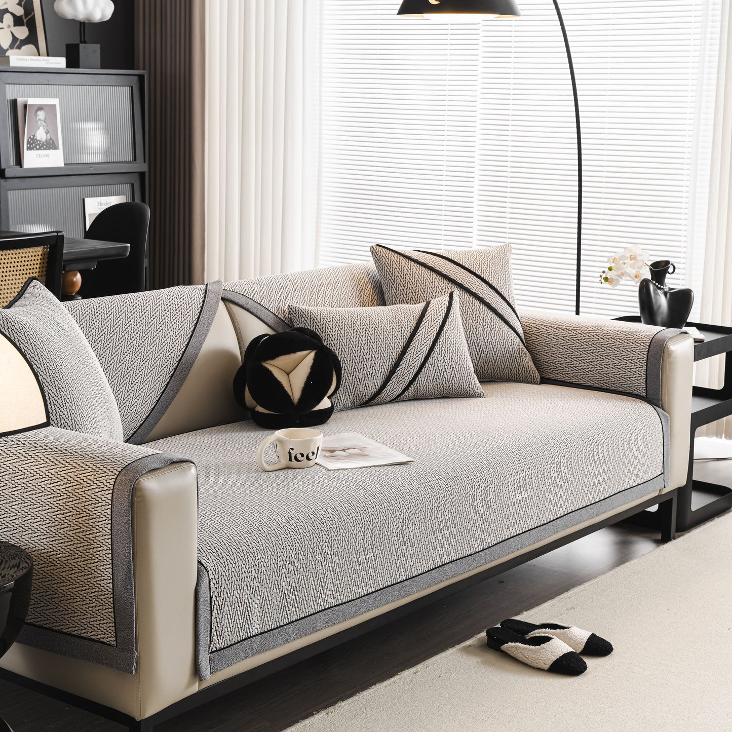 Herringbone Couch Protector for Pets, Non-Slip Washable Sectional Couch Covers on modern sofa with pillows and decor.