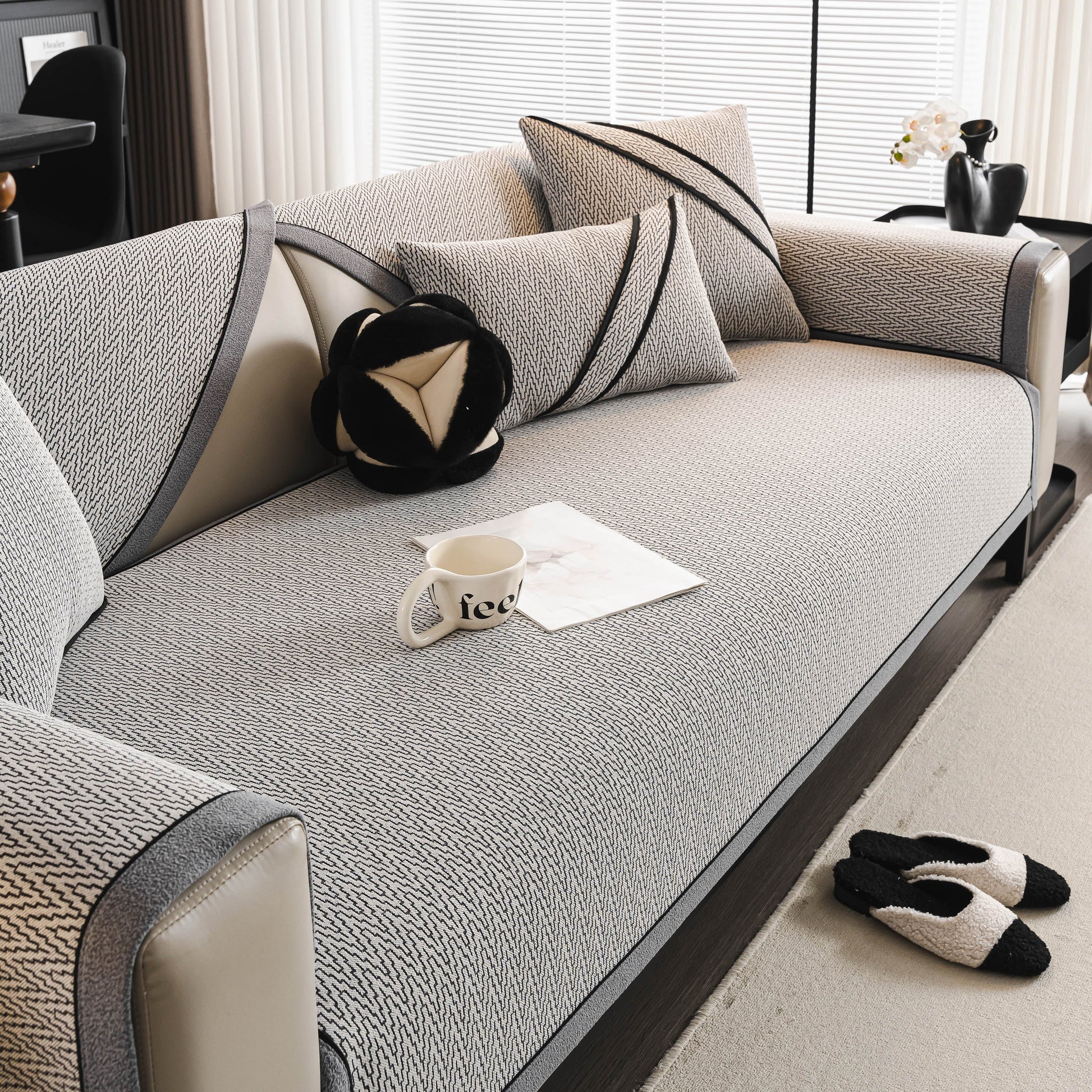 Herringbone Couch Protector for Pets, Non-Slip Washable Sectional Couch Covers in soft chenille with pillows and socks.