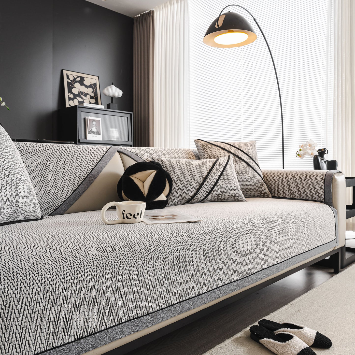 Herringbone Couch Protector for Pets, Non-Slip Washable Sectional Couch Covers on modern sofa in stylish living room