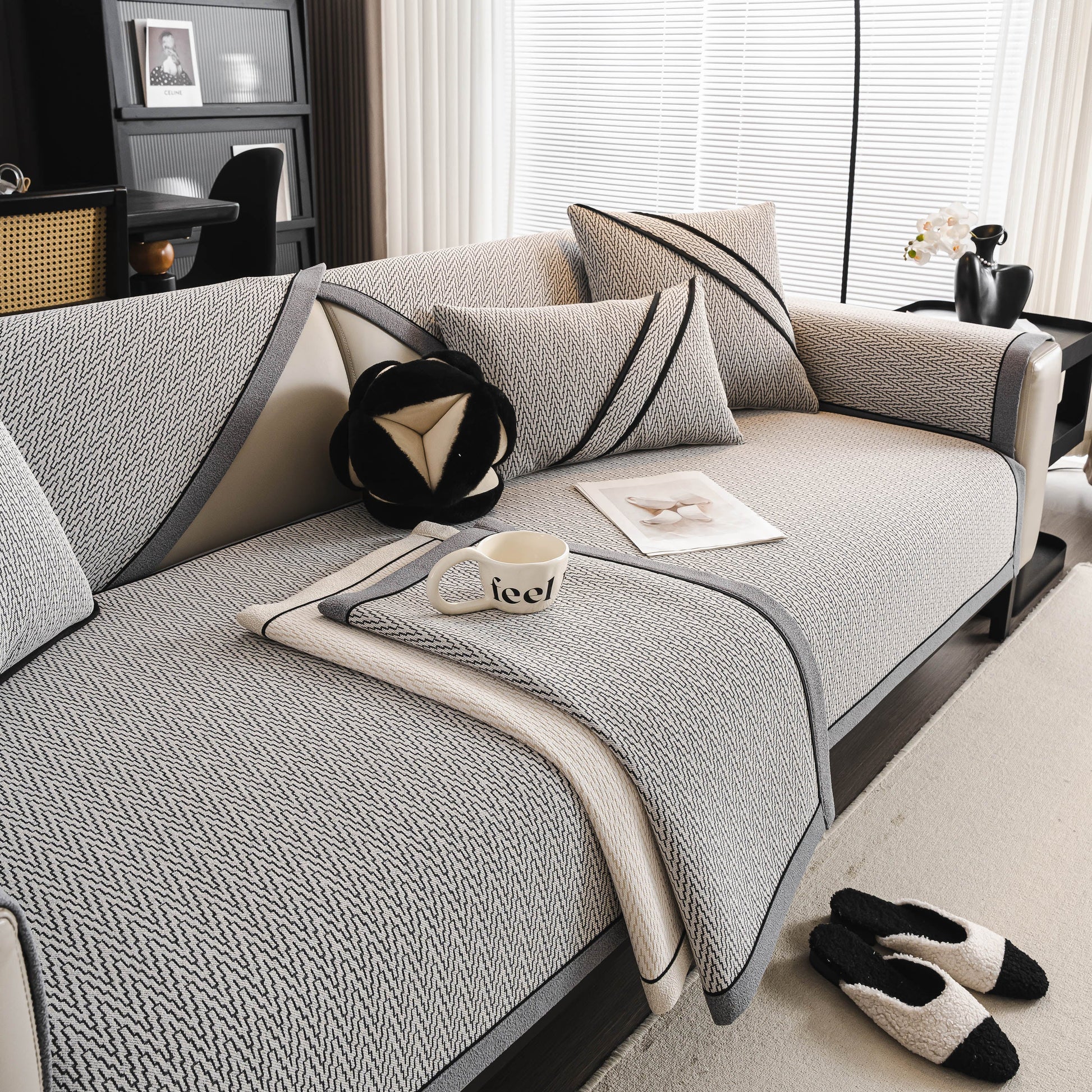 Herringbone Couch Protector for Pets, Non-Slip Washable Sectional Couch Covers with pillows, textured chenille fabric, and cozy setup.