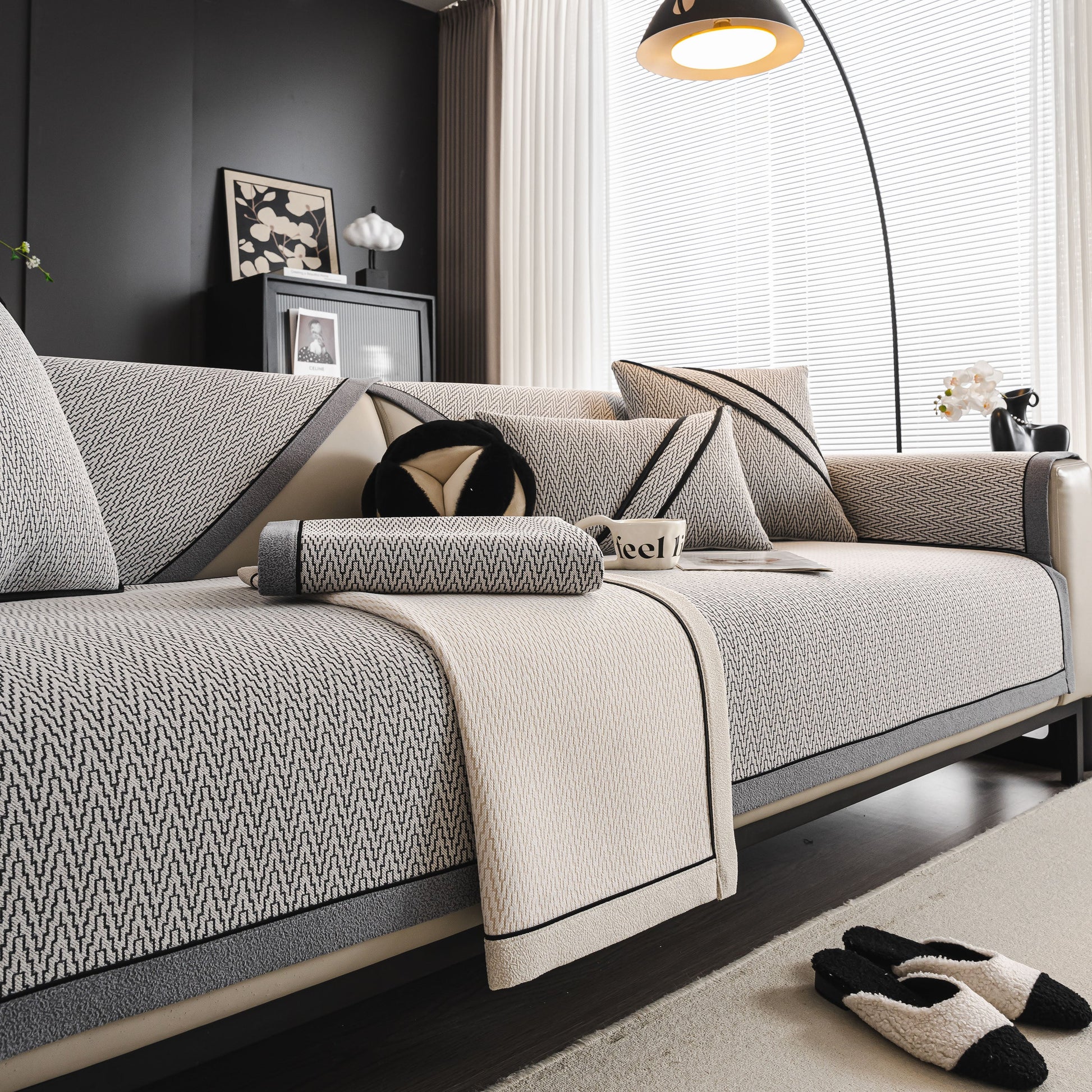 Herringbone Couch Protector for Pets, Non-Slip Washable Sectional Couch Covers displayed in a modern living room setting.