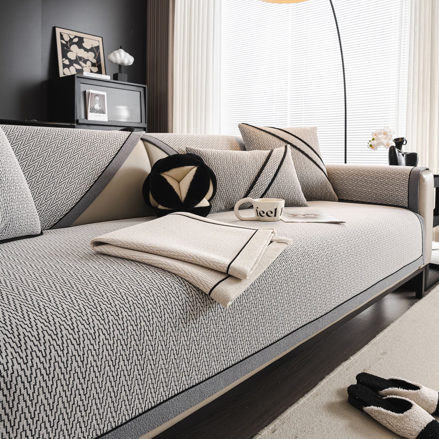 Herringbone Couch Protector for Pets, Non-Slip Washable Sectional Couch Covers on modern sofa with decorative pillows.