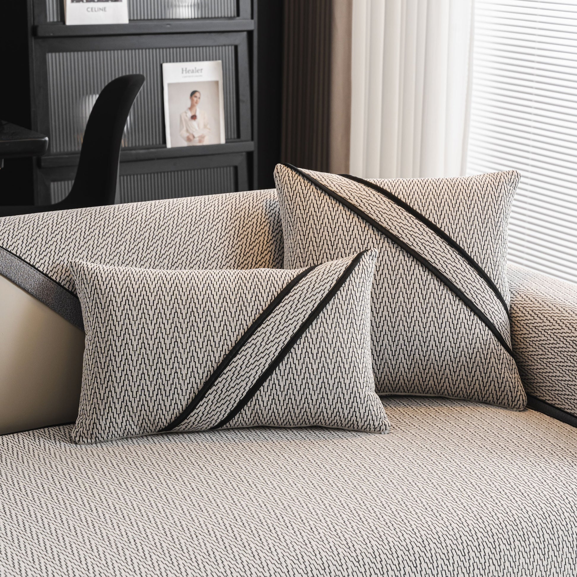 Herringbone Couch Protector for Pets, Non-Slip Washable Sectional Couch Covers in soft chenille fabric with pillow accents shown