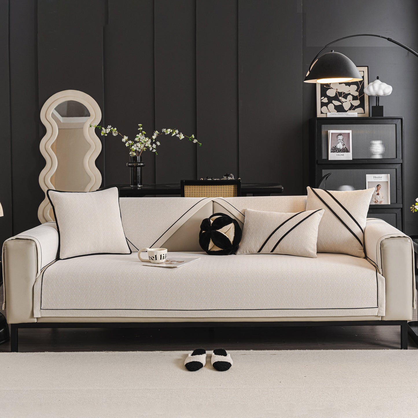 Herringbone Couch Protector for Pets, Non-Slip Washable Sectional Couch Covers on modern sofa with decorative pillows