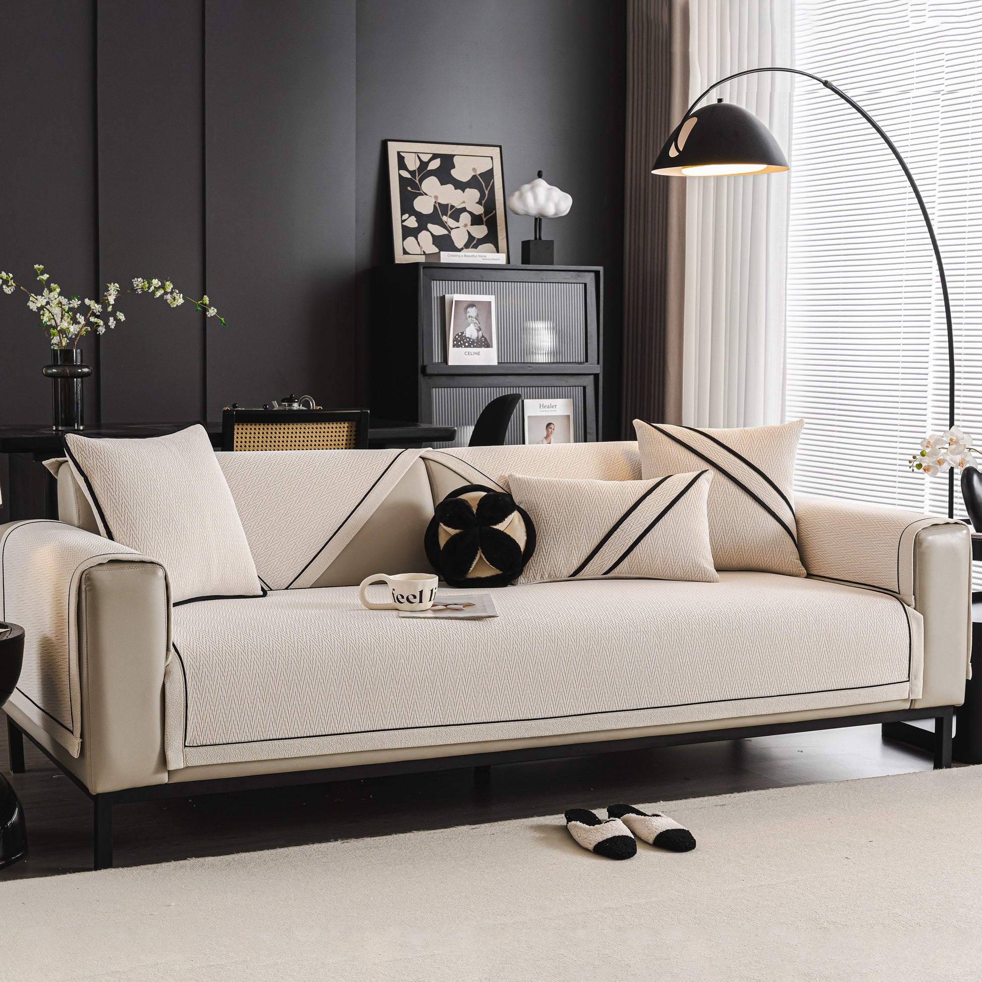 Herringbone Couch Protector for Pets, Non-Slip Washable Sectional Couch Covers in modern living room setting with stylish sofa.